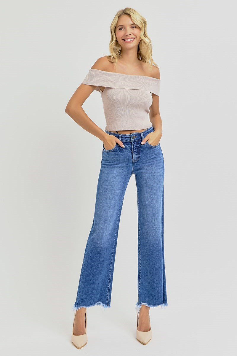 Risen High Rise Frayed Hem Straight Ankle Jean