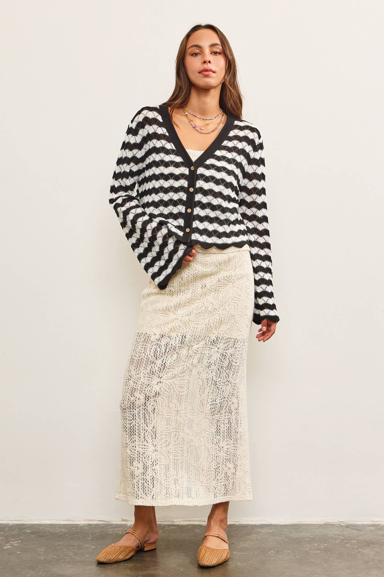 Miriam Scallop Edge Stripe Cardigan Sweater