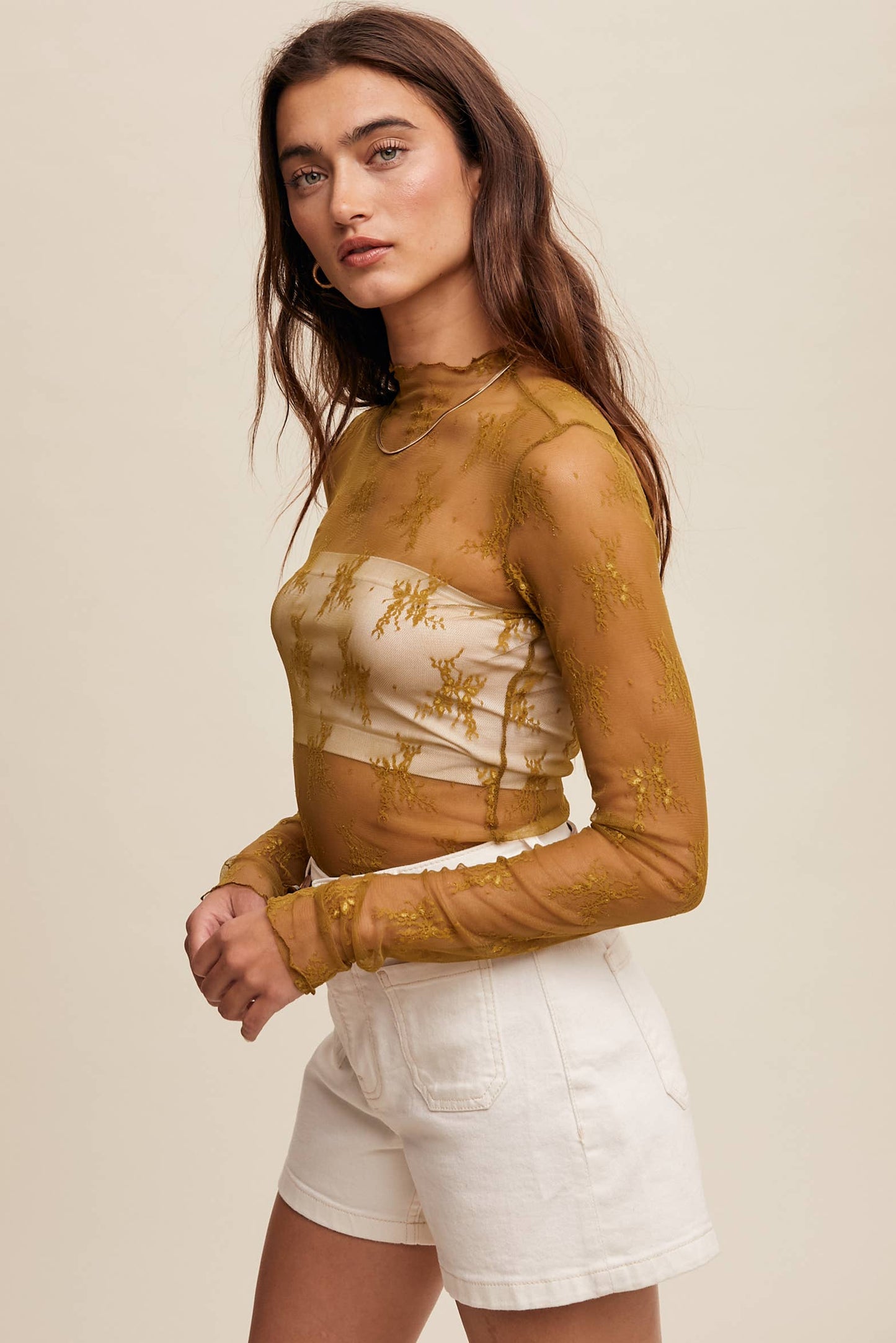 Sophia Sheer Lace Long-Sleeve Top Mocha