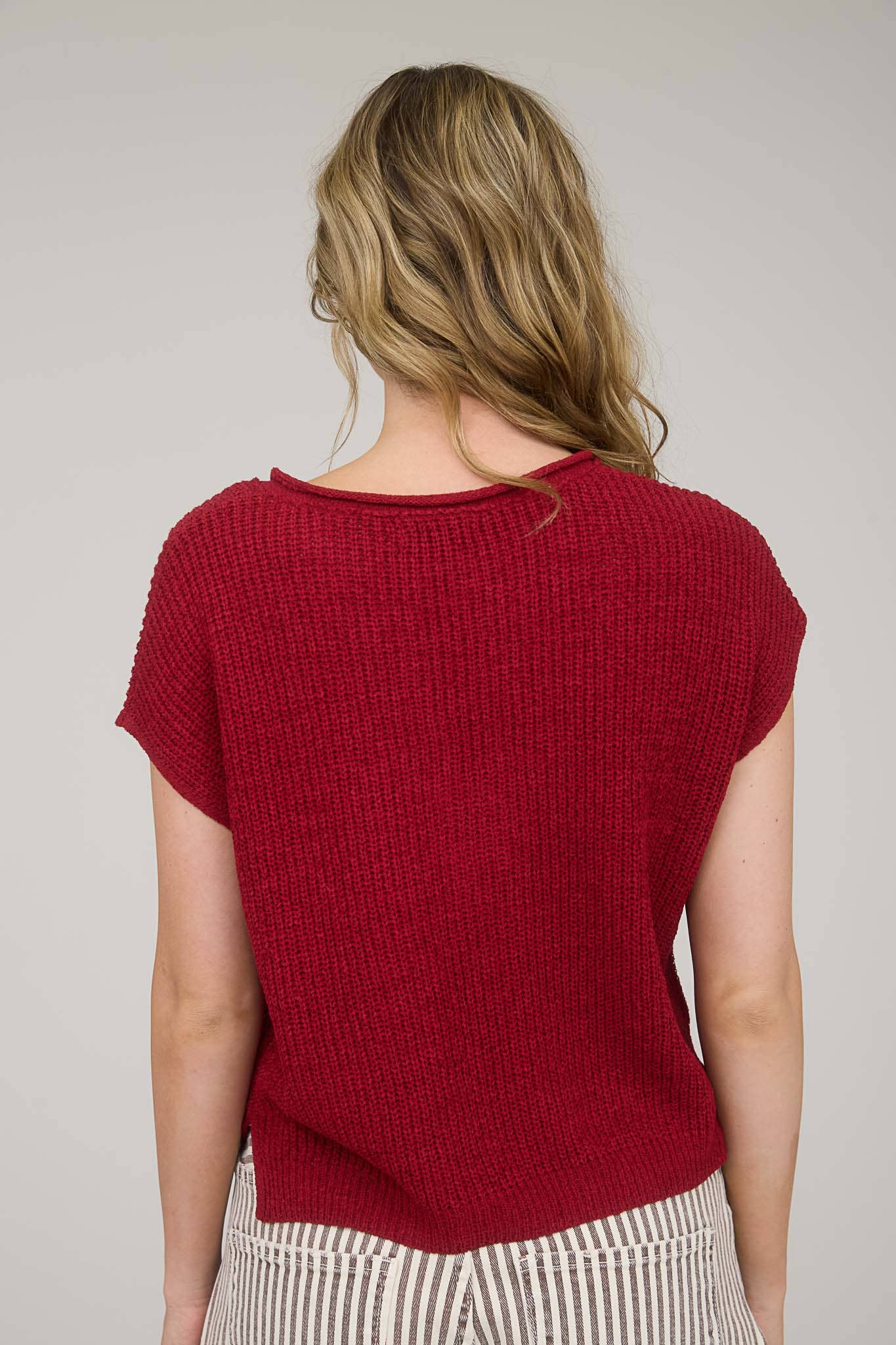 Danielle Red Split Neck Knit Top