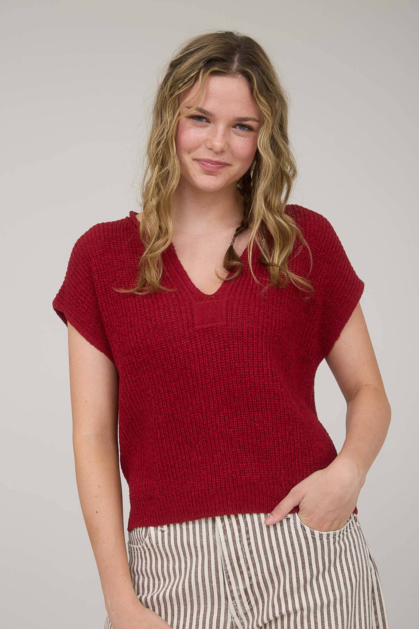 Danielle Red Split Neck Knit Top