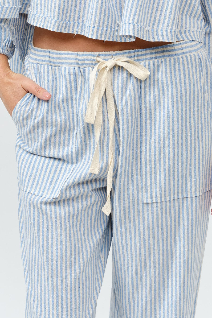 Mari Light Blue Tie Front Stripe Pants