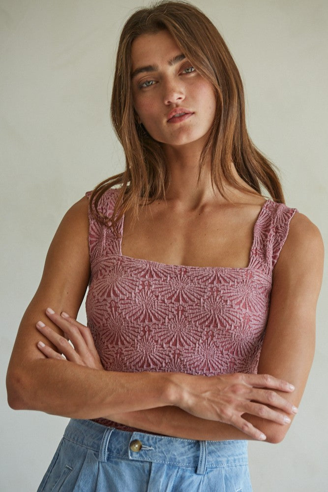 Melanie Merlot Square Neck Floral Jacquard Tank