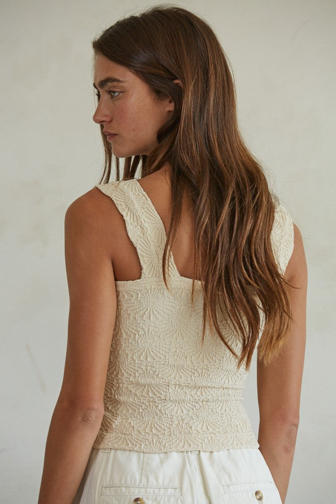 Melanie Natural Square Neck Floral Jacquard Tank