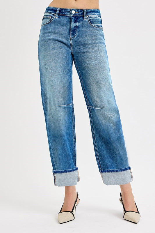 Risen Medium Wash Barrel Leg Jeans