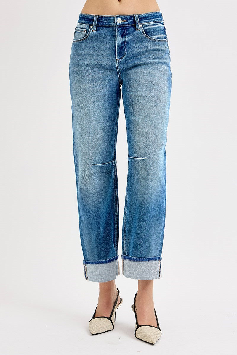 Risen Medium Wash Barrel Leg Jeans