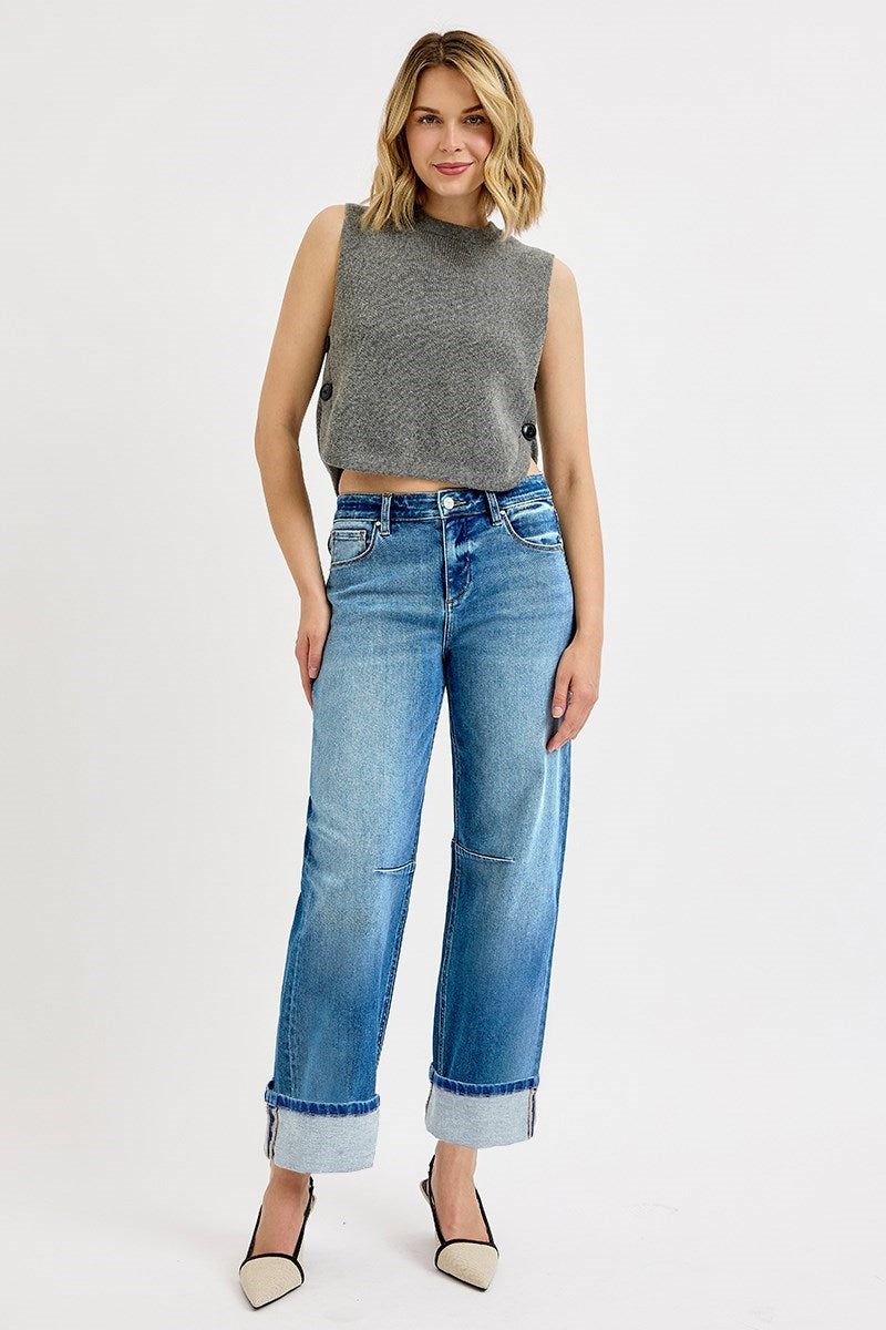 Risen Medium Wash Barrel Leg Jeans