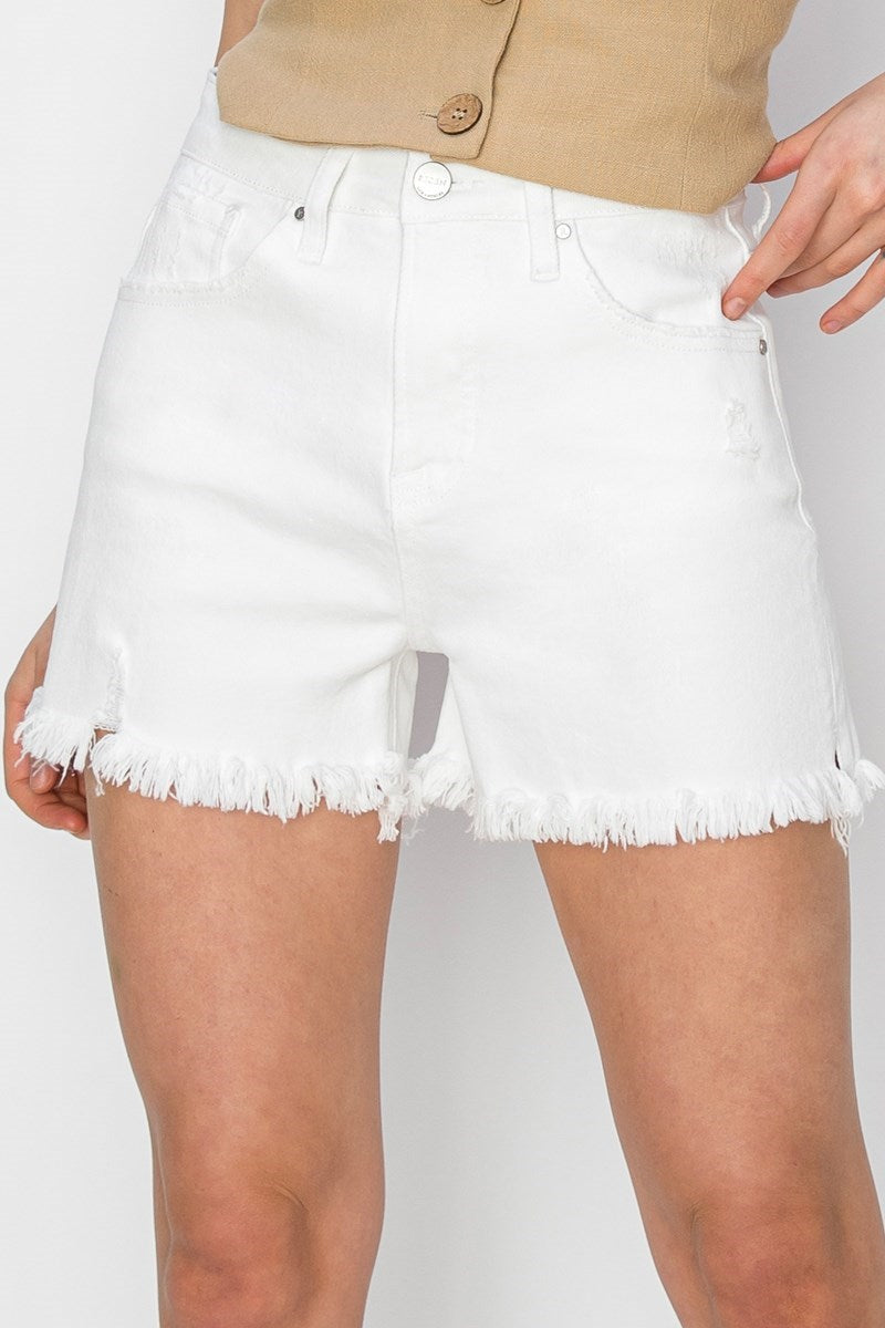 Risen White Frayed Denim Shorts