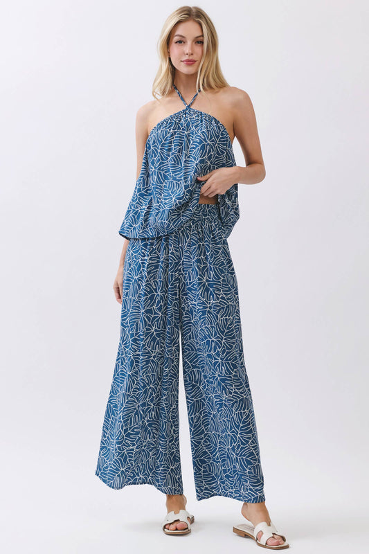 Liliana Tropical Leaf Print Wide Leg Pants