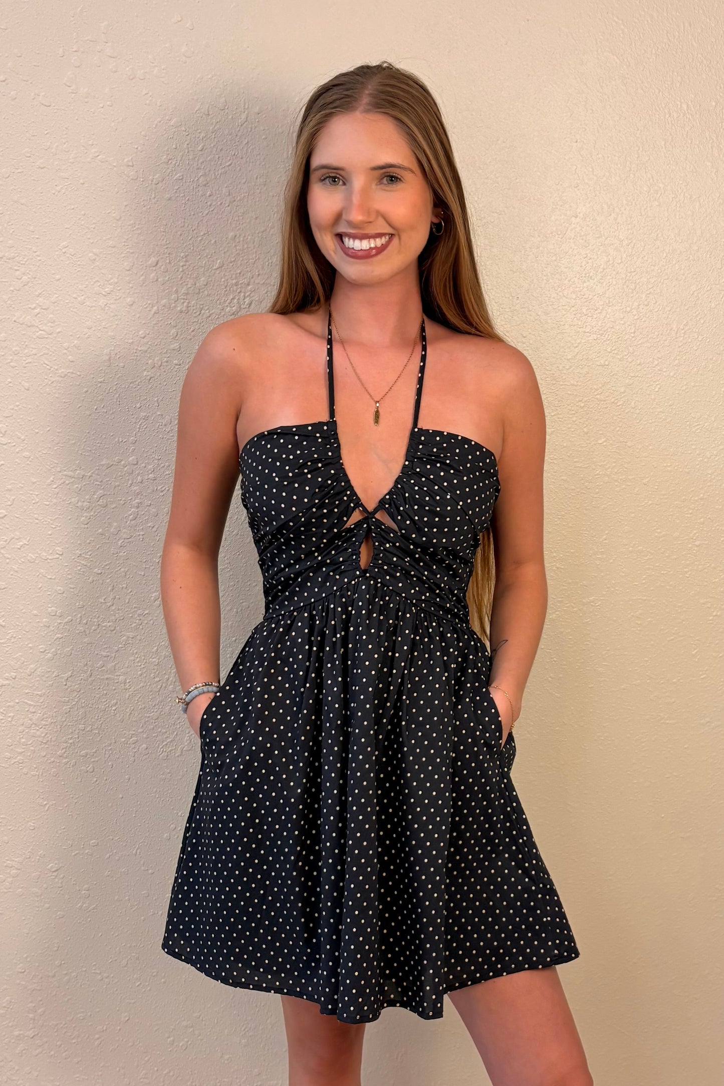 Natalie Polka Dot Mini Halter Dress