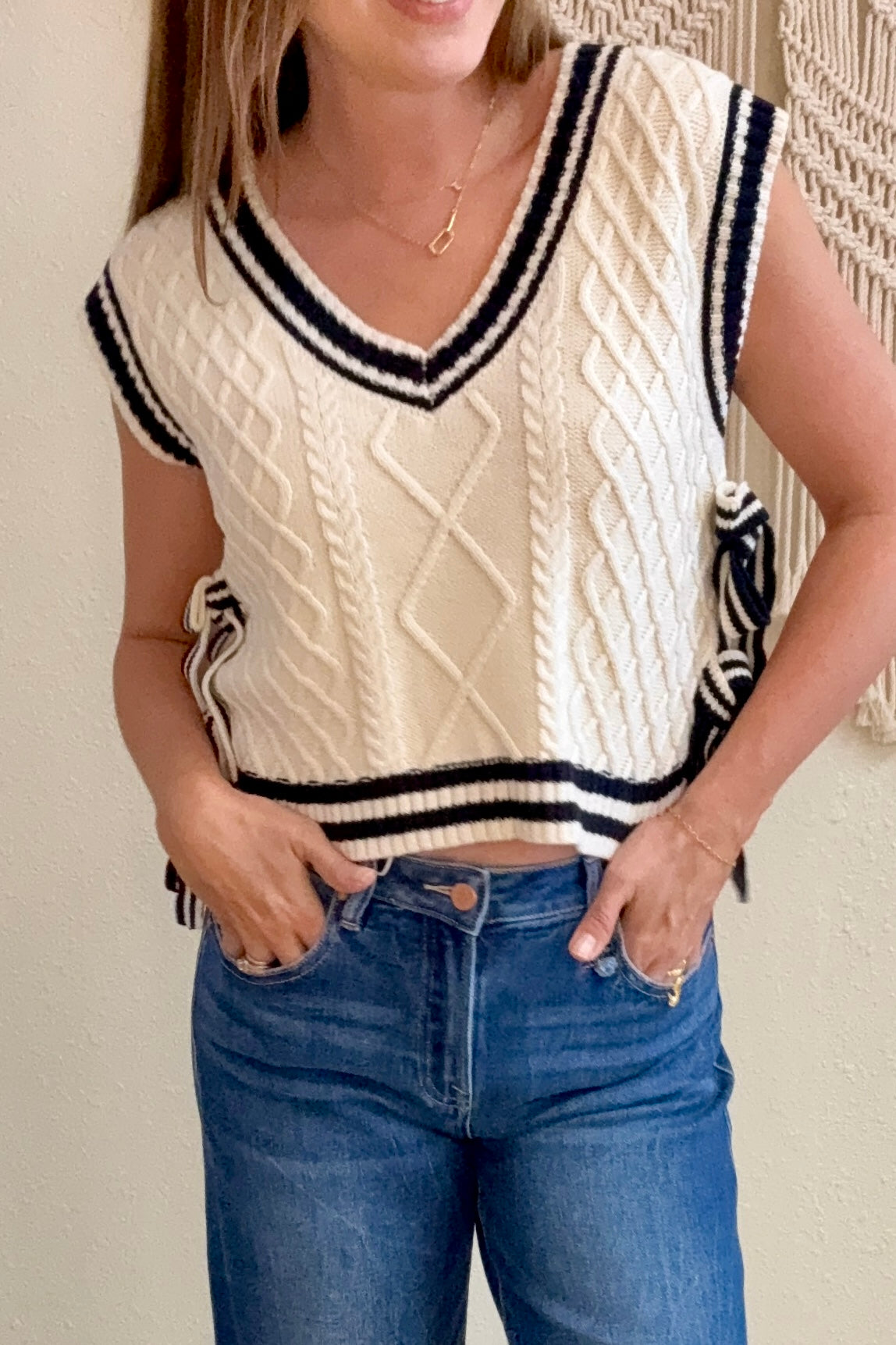 Genevieve Contrast Trim Side Tie Sweater Vest