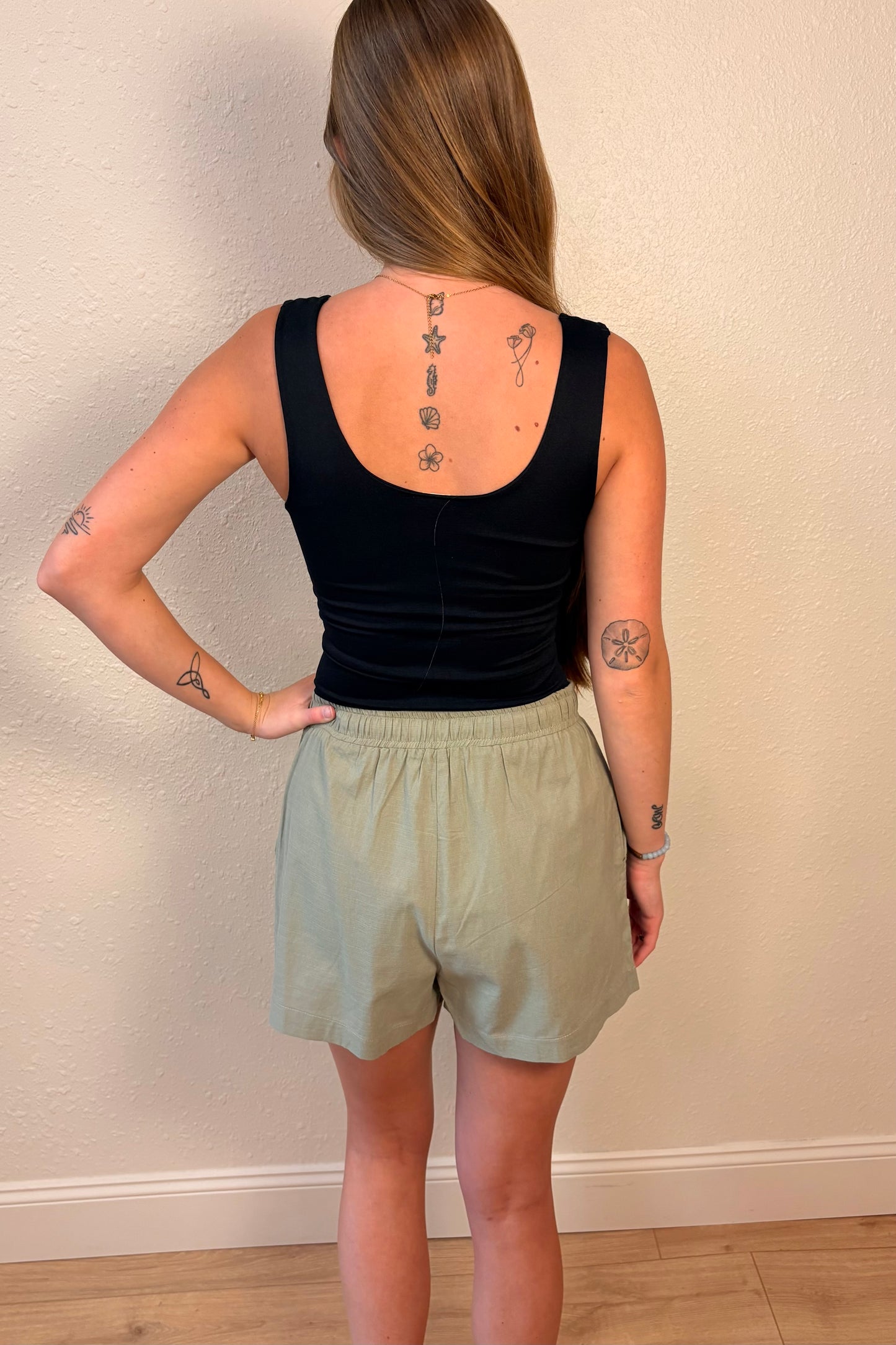 Cove Olive Green Front Tie Shorts