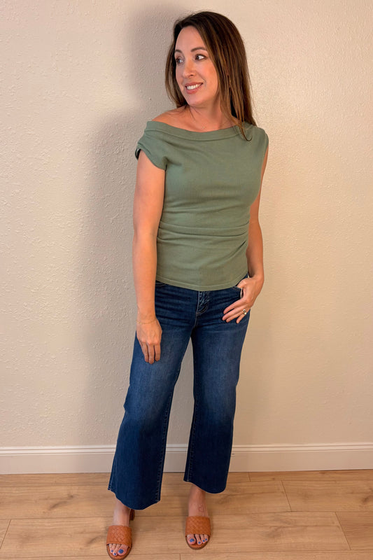 Jess Sage Green Side Ruched Boatneck Knit Top