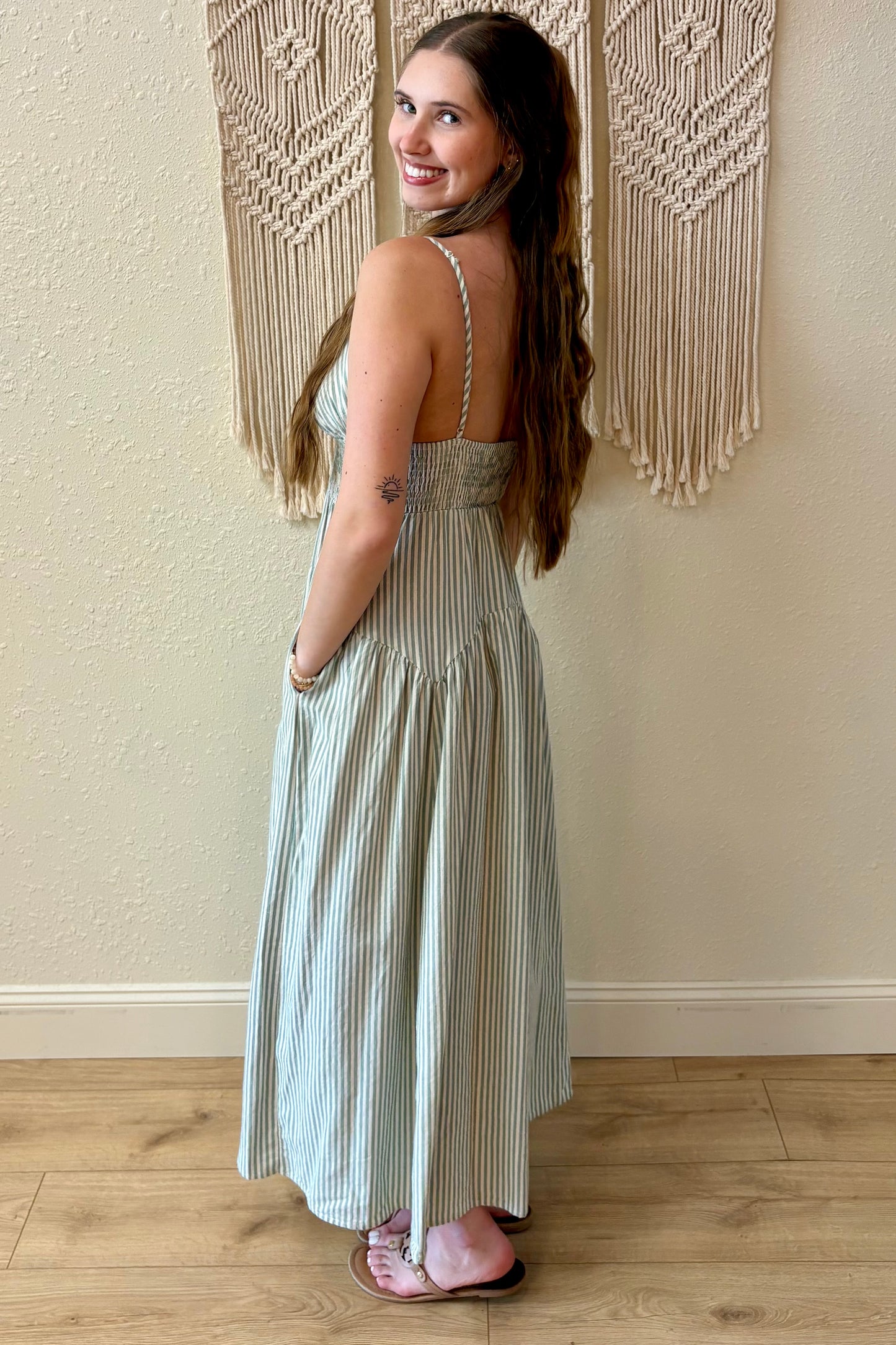 Parker Sage Green Striped Maxi Dress