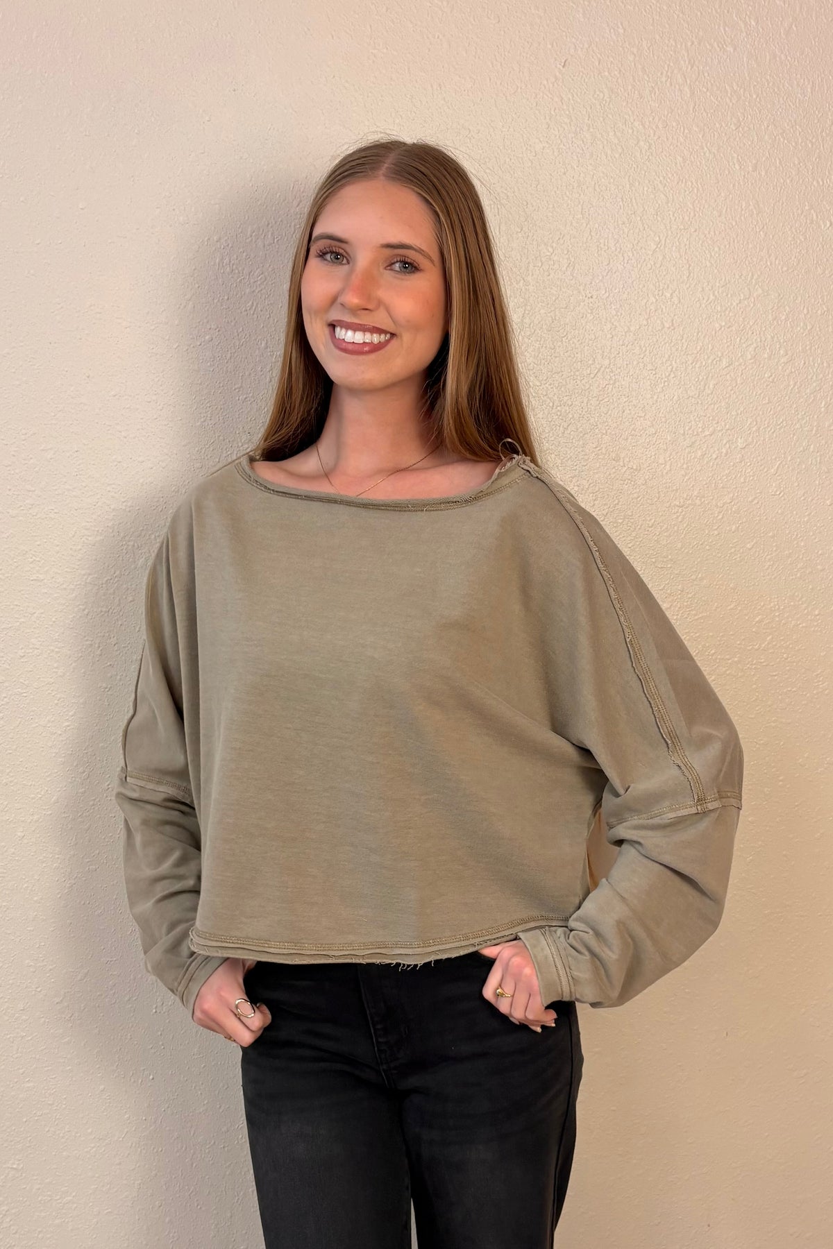 Penelope Raw Edge Hem Long Sleeve Top