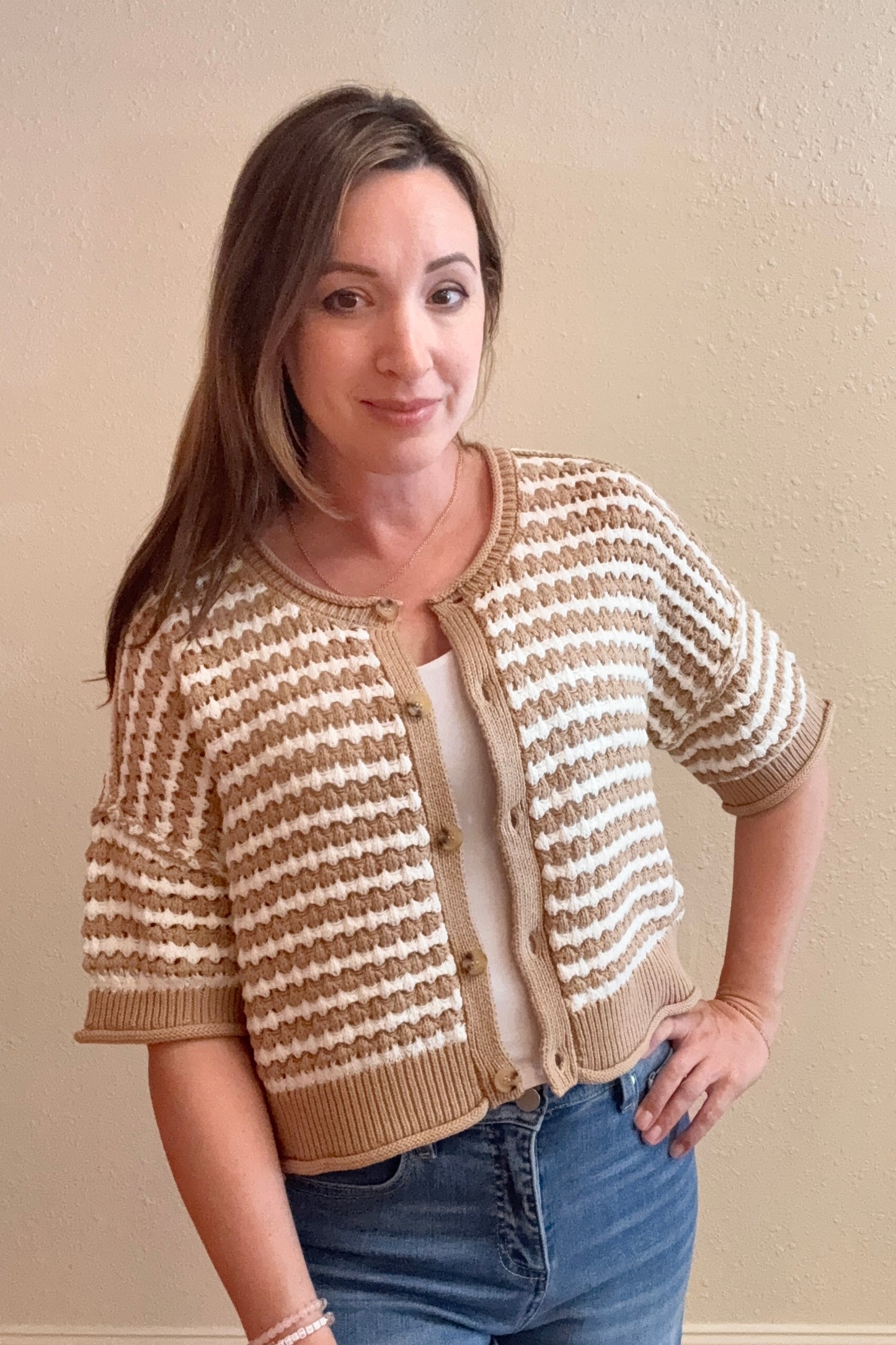 Mallory Stripe Crochet Knit Cardigan Sweater