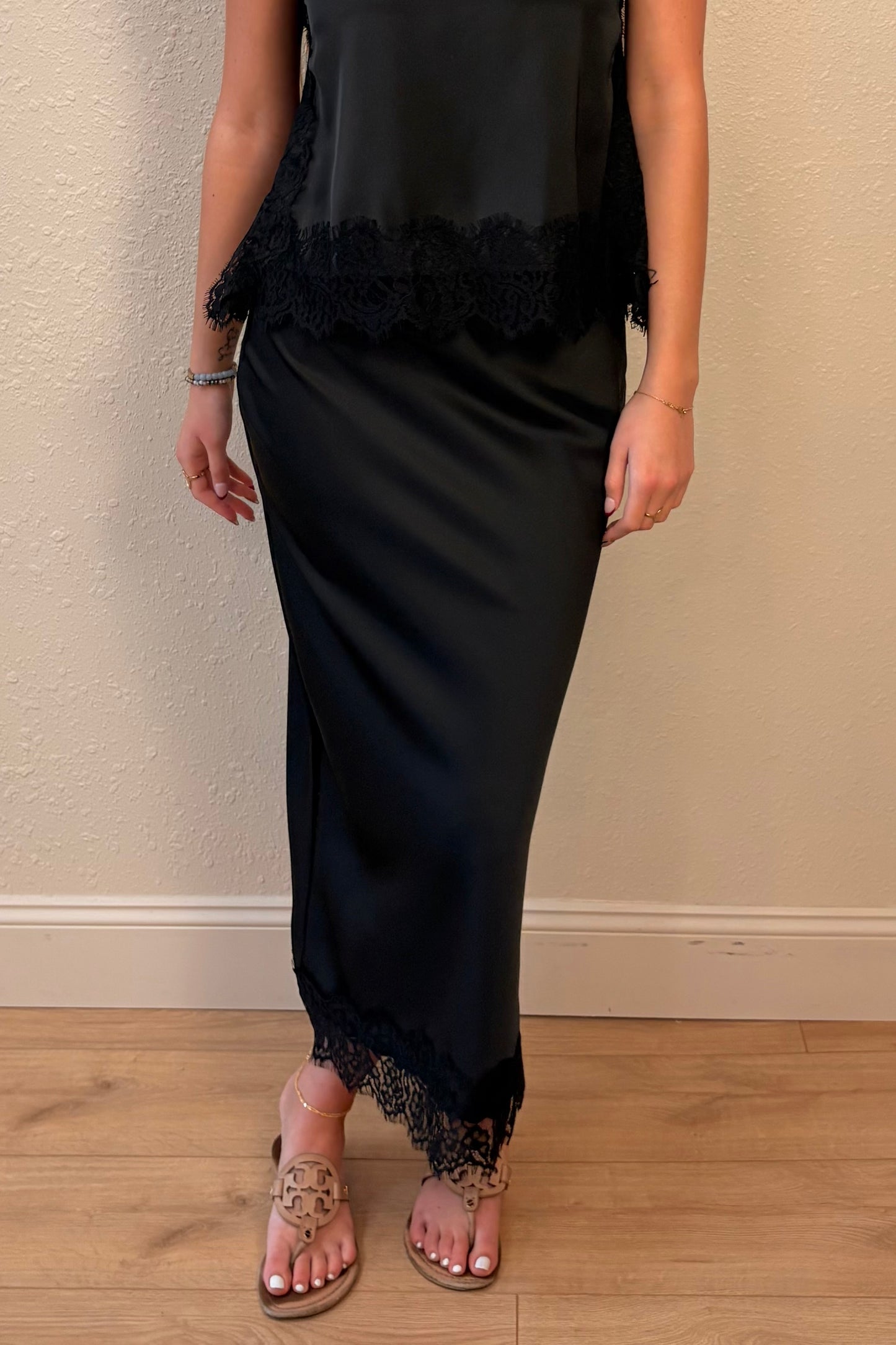 Amber Black Satin Lace Trim Midi Skirt
