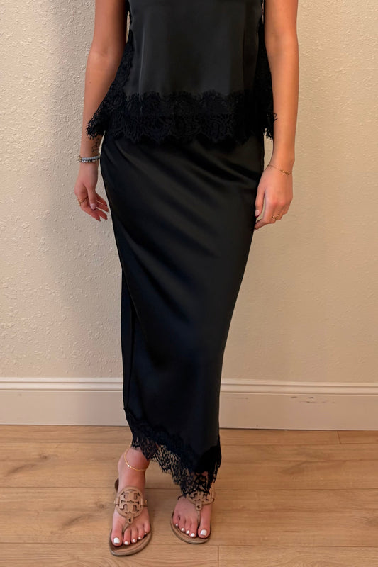 Amber Black Satin Lace Trim Midi Skirt