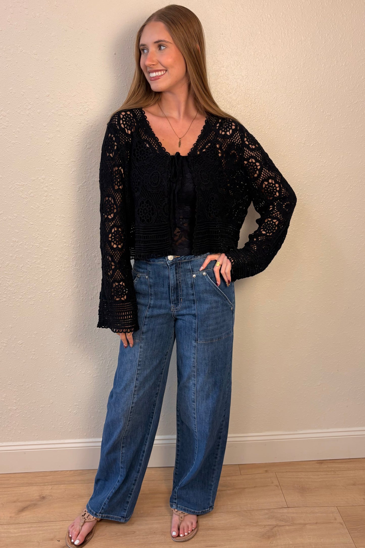 Kiya Tie Front Long Sleeve Crochet Knit Top