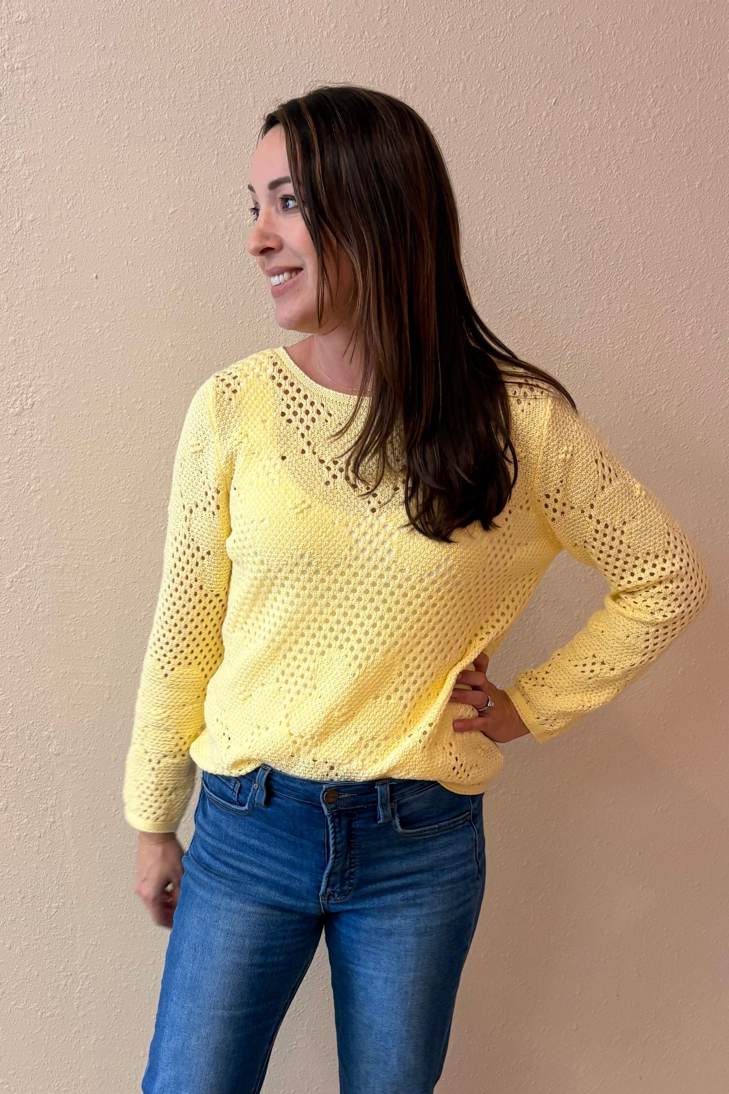 Daniella Yellow Floral Open Weave Sweater