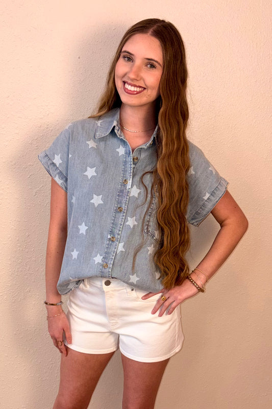 Lana Star Print Denim Short Sleeve Shirt