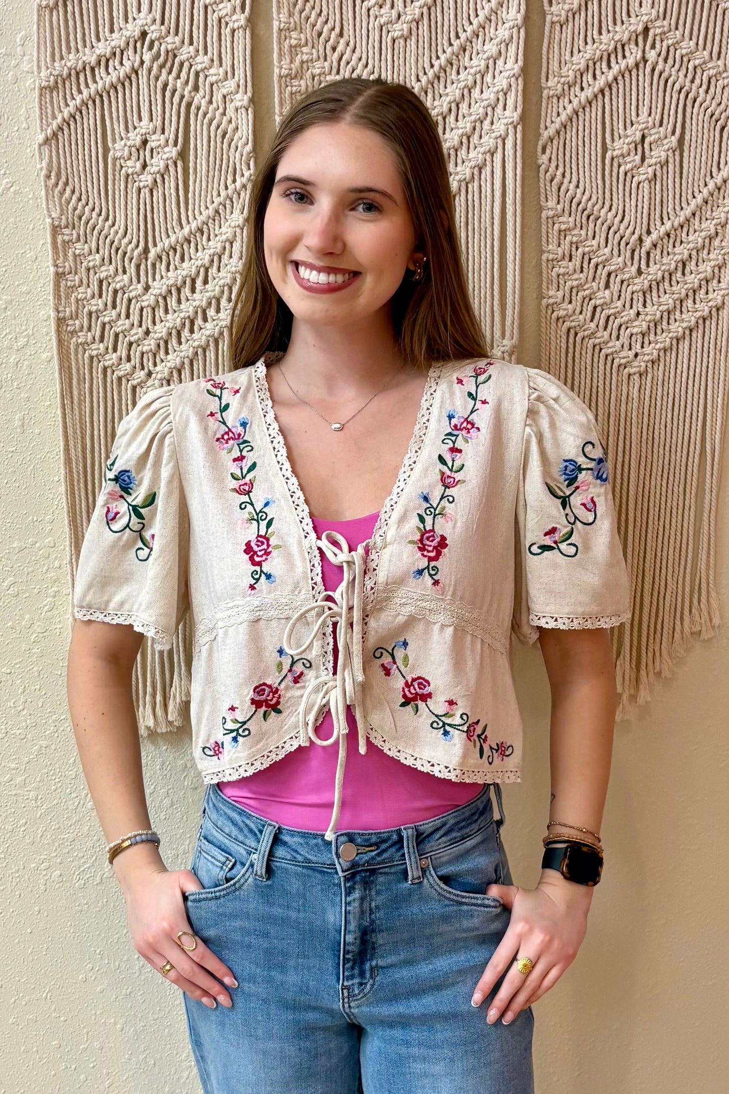Laura Tie Front Embroidered Top