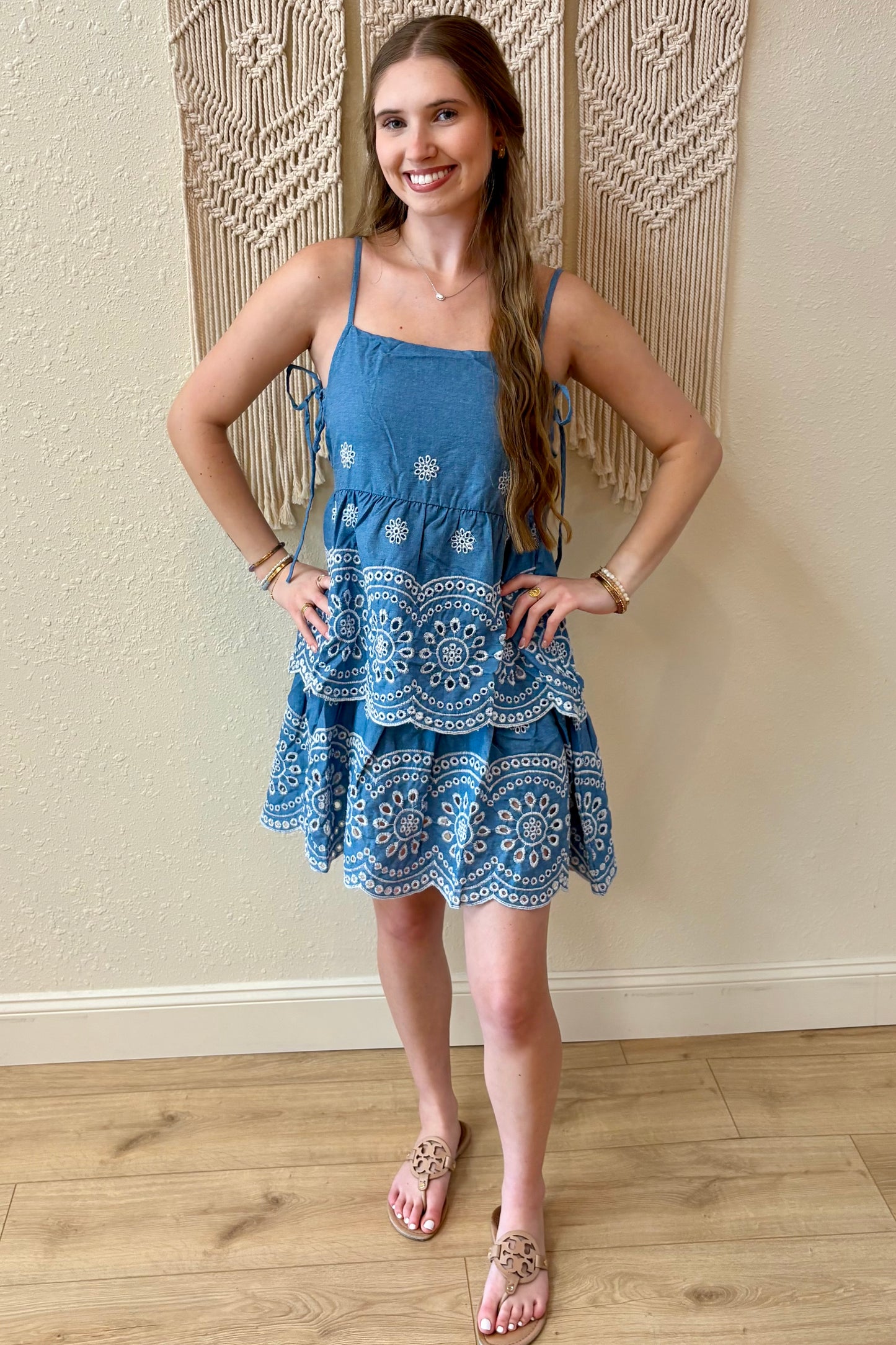 Jenny Chambray Embroidered Tiered Dress