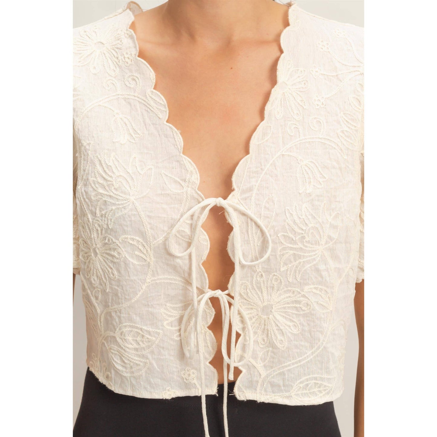 Tara Floral Embroidered Tie-Front Top