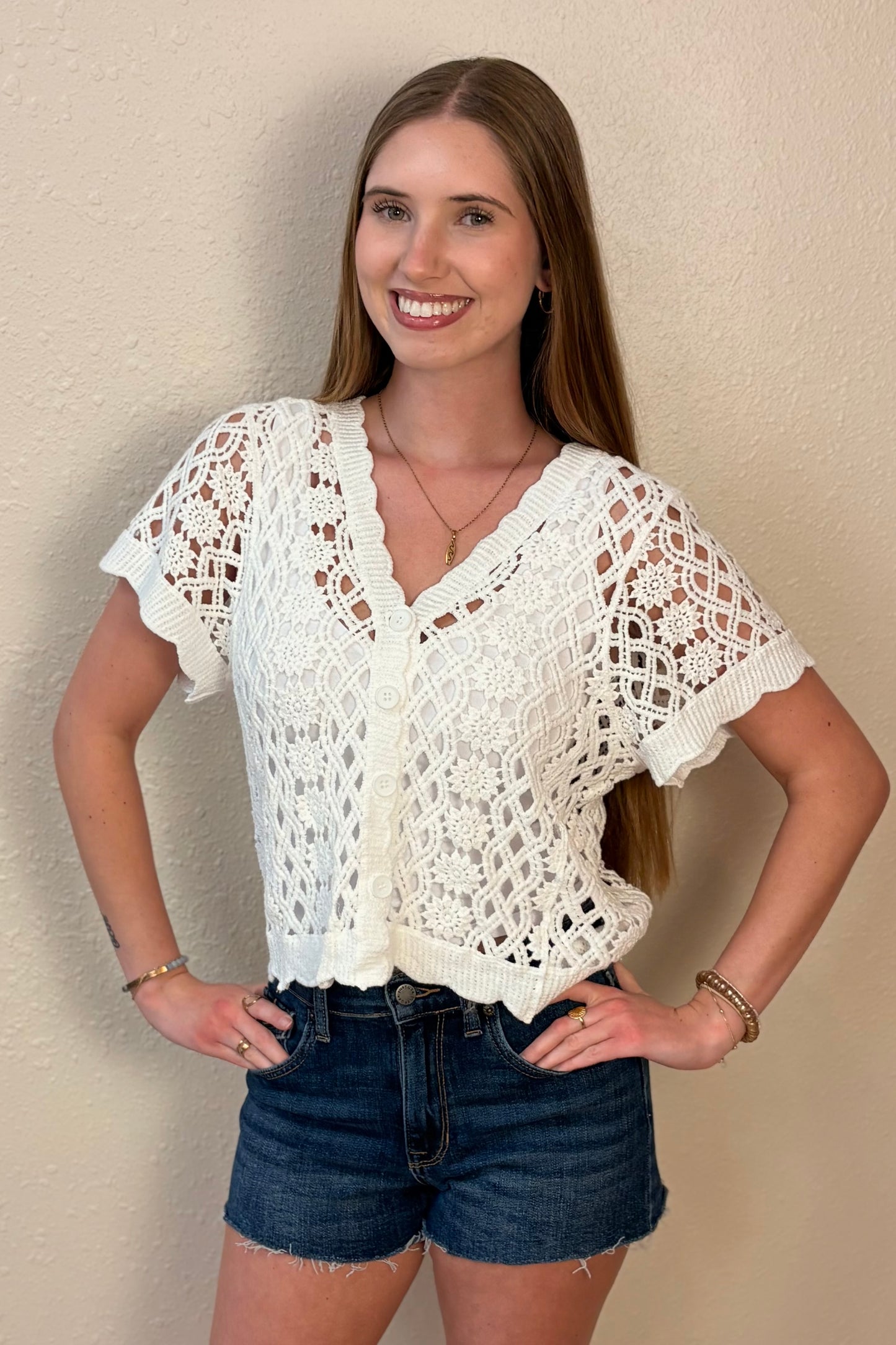 Mia Short Sleeve Crochet Cardigan Sweater