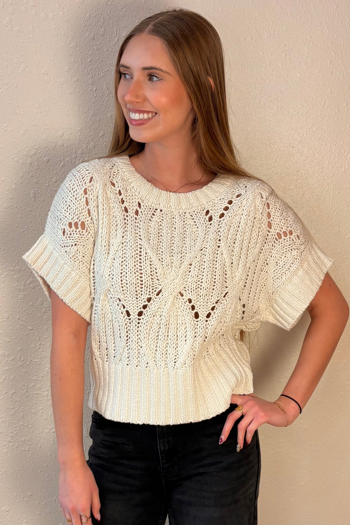 Wren Cream Short Sleeve Cable Knit Sweater
