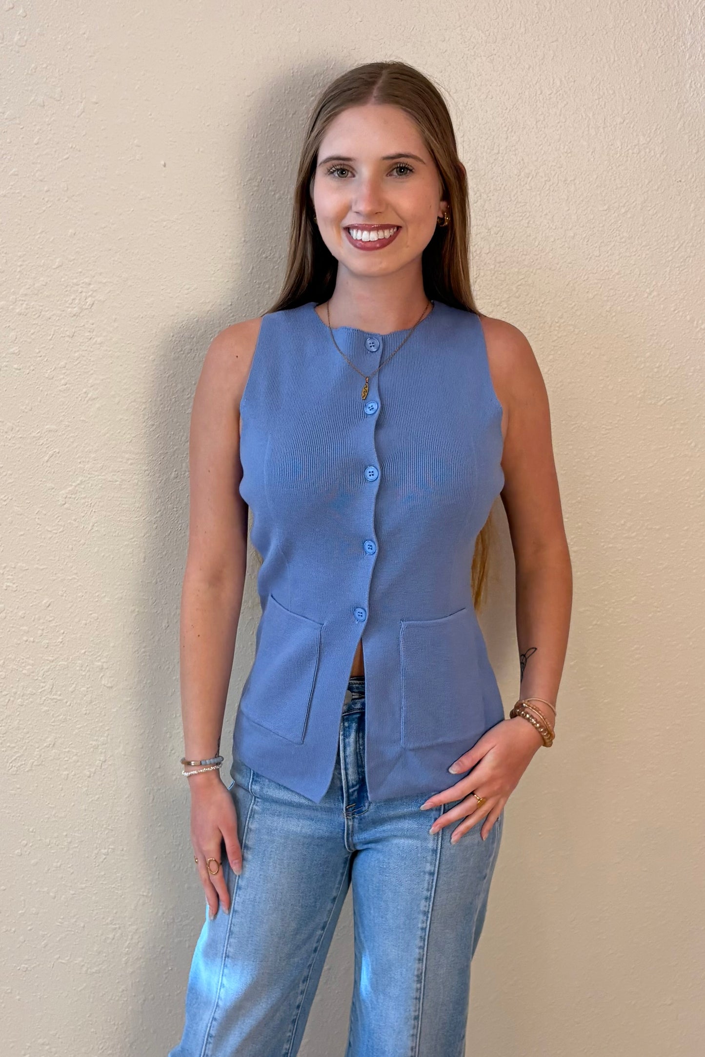 Evelyn Light Blue Knit Vest Top