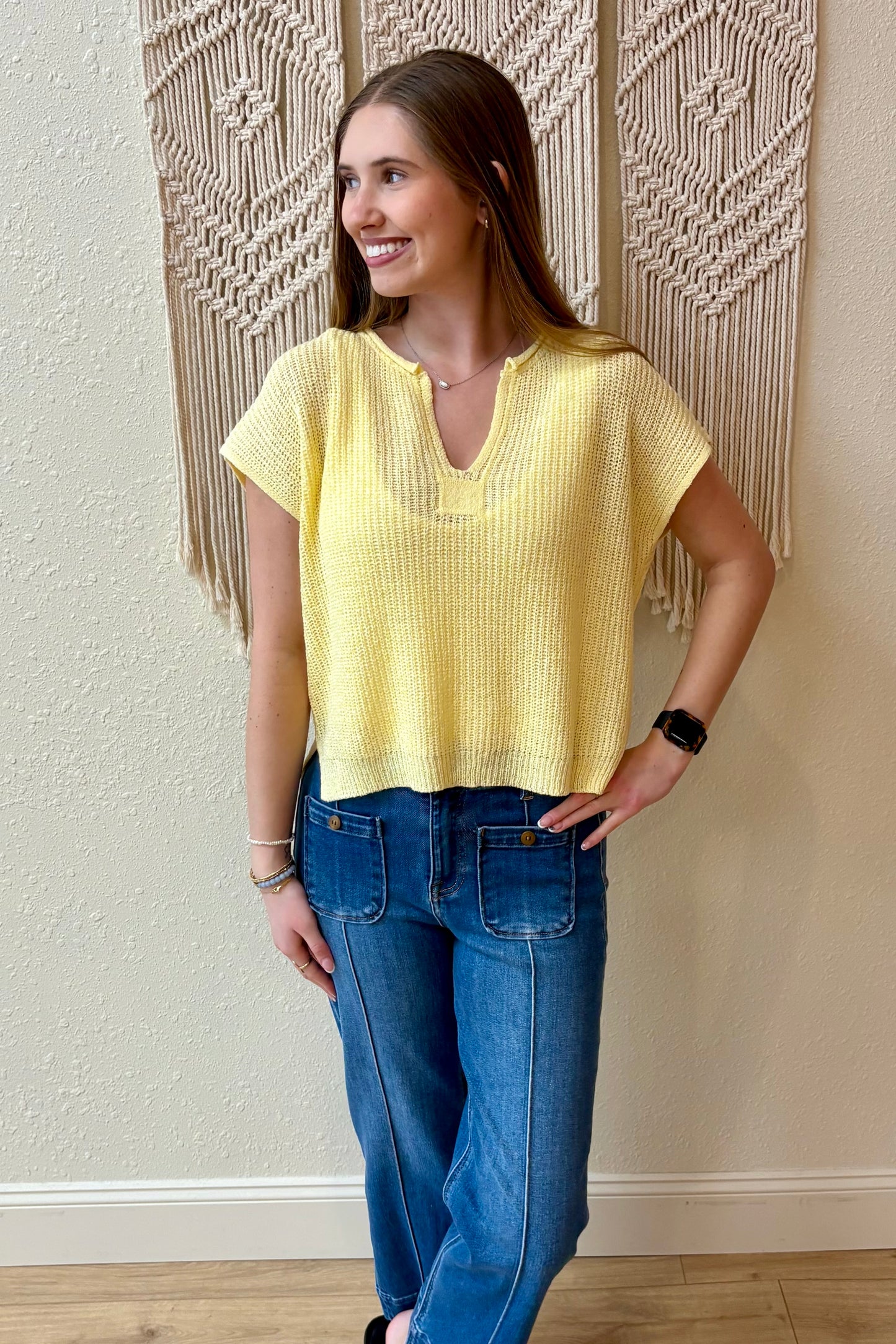 Danielle Light Yellow Split Neck Knit Top