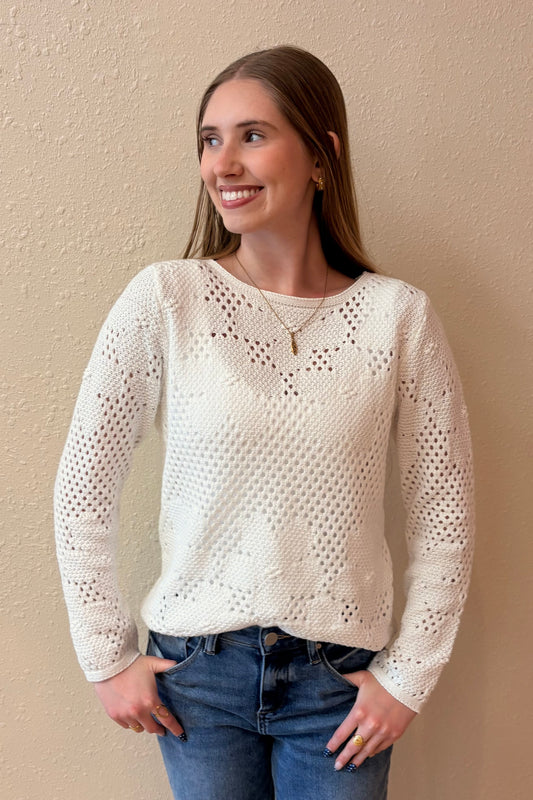 Daniella White Floral Open Weave Sweater