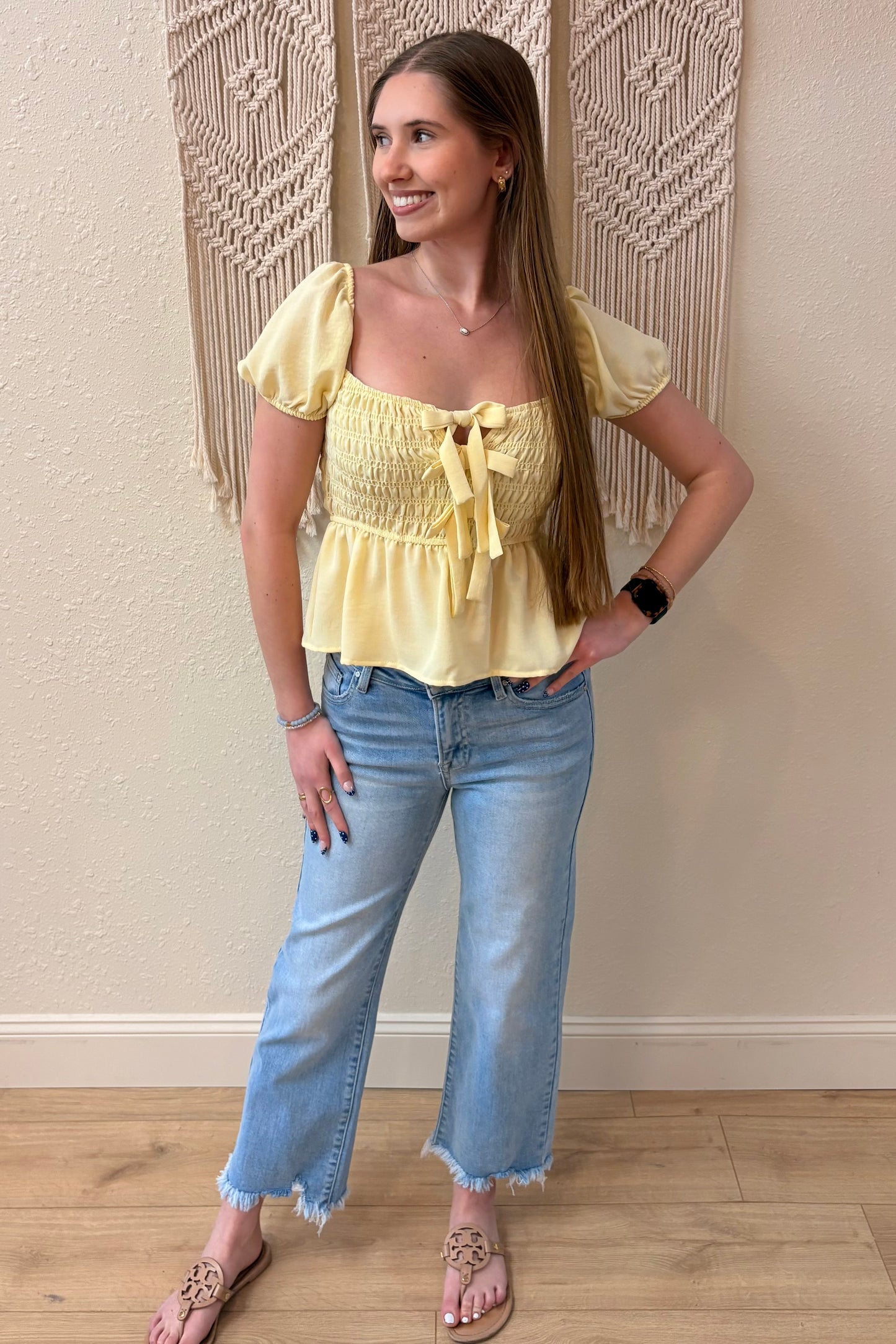 Sally Bow Front Smocked Peplum Top