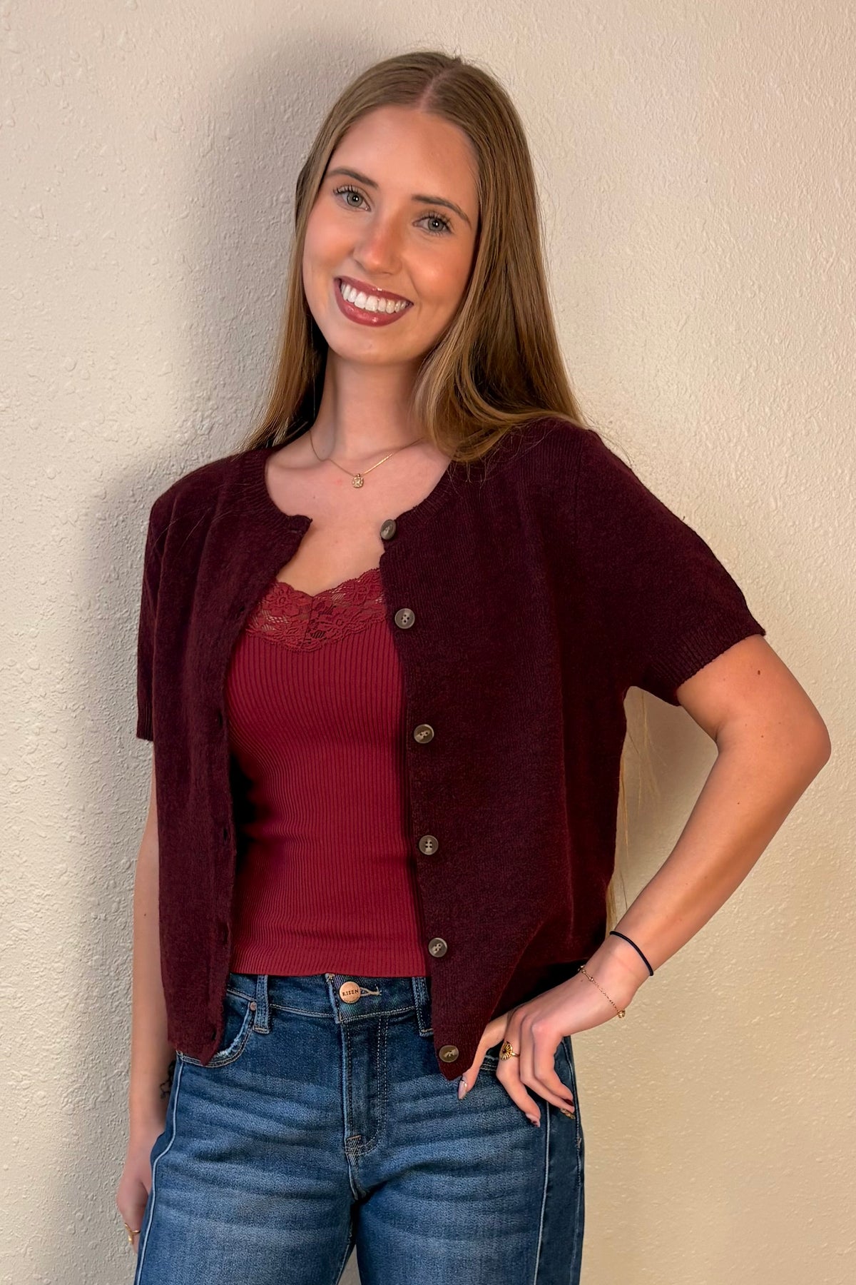 Amber Burgundy Short Sleeve Cardigan Sweater