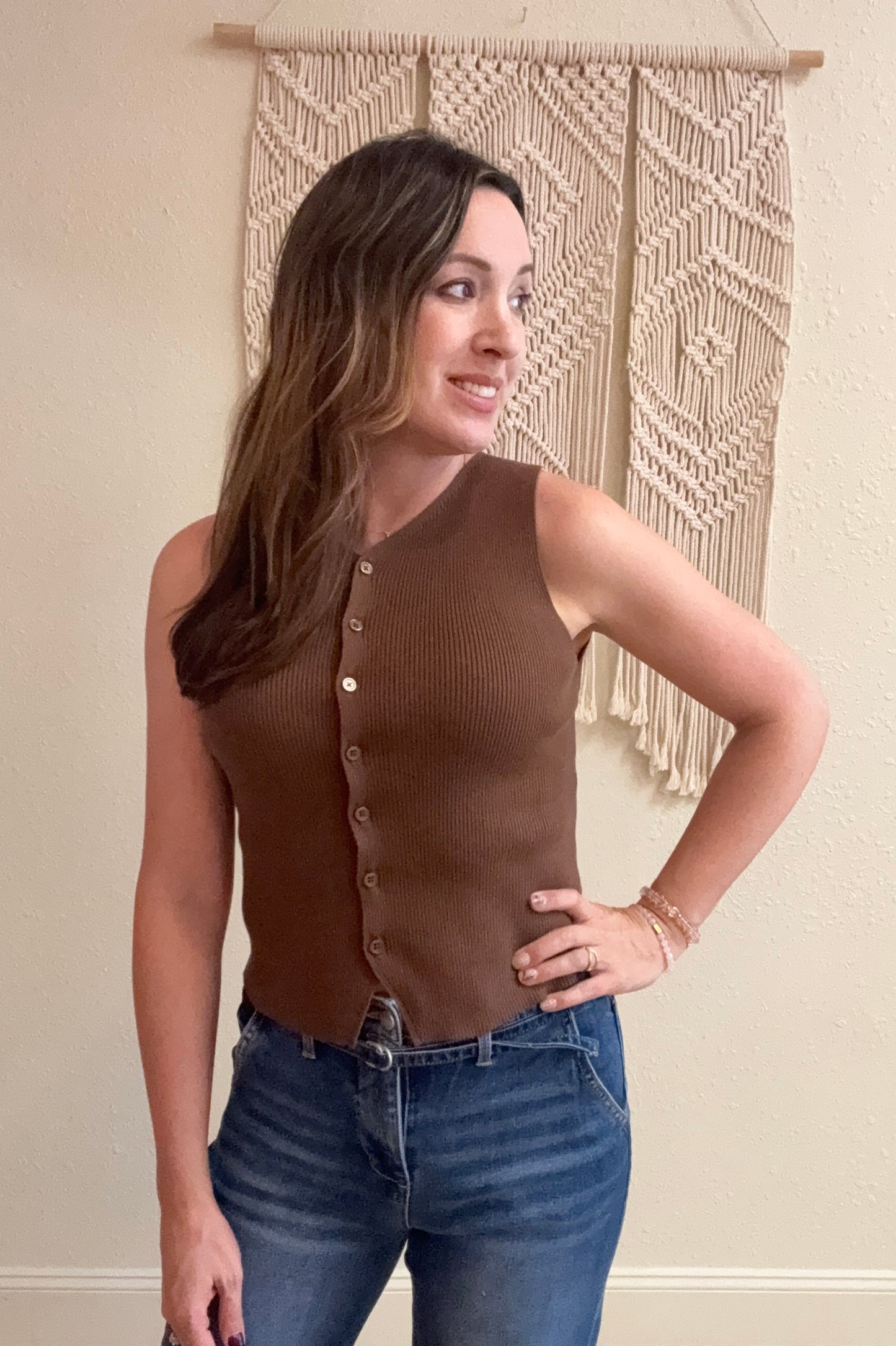 Josie Button Front Knit Sweater Vest Mocha