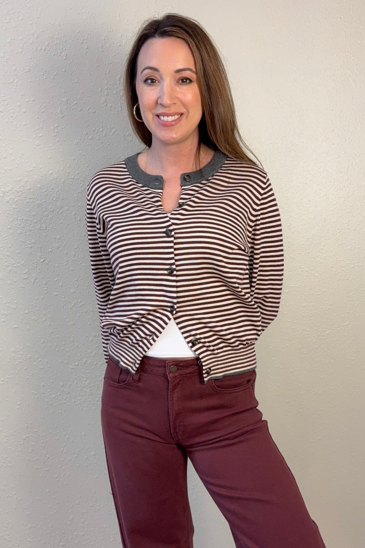 Juliette Burgundy Stripe Cardigan Sweater