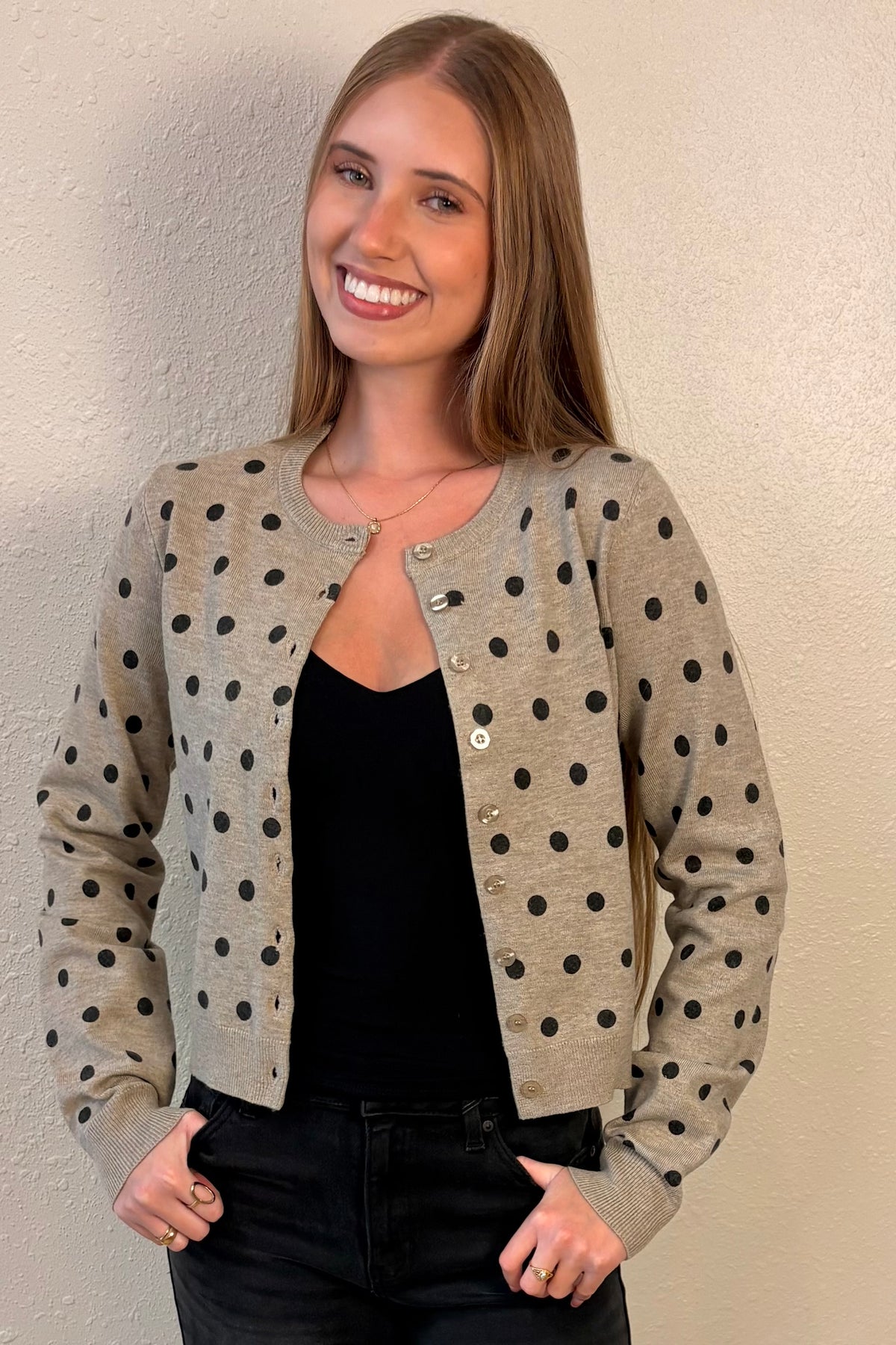 Sadie Taupe Polka Dot Cardigan Sweater
