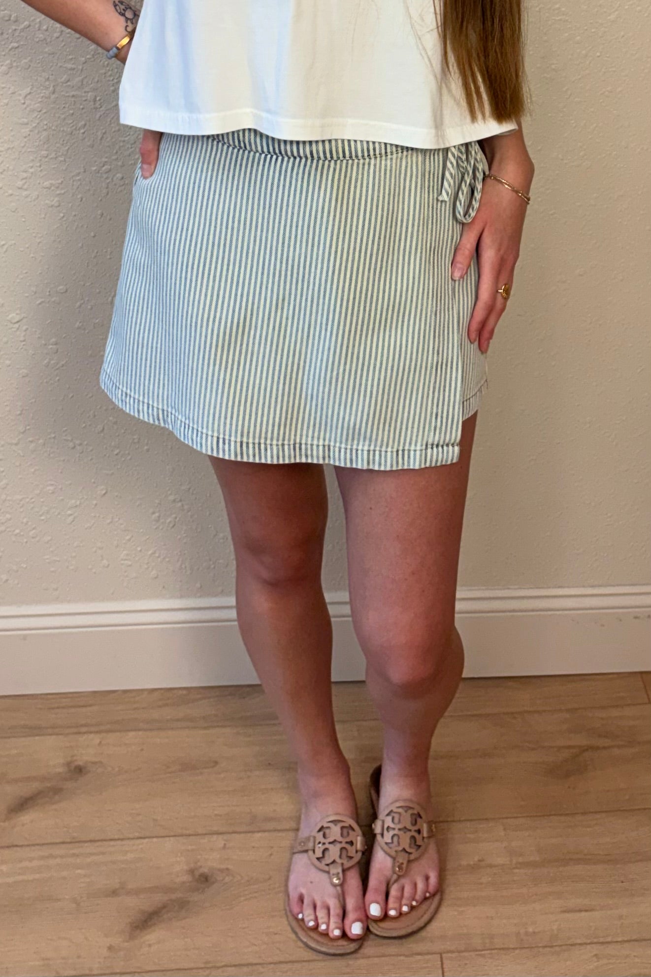 Paloma Stripe Wrap Denim Skort