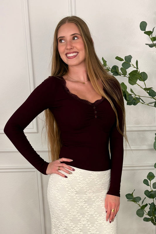 Nora Burgundy Lace Trim Ribbed Henley Top