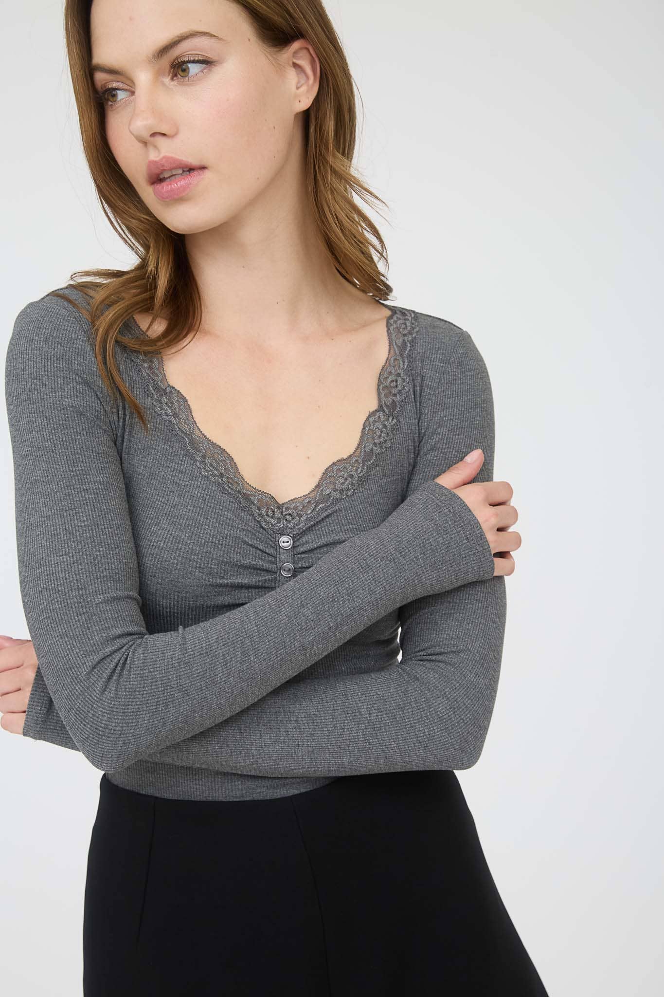 Liliana Lace Trim Henley Top