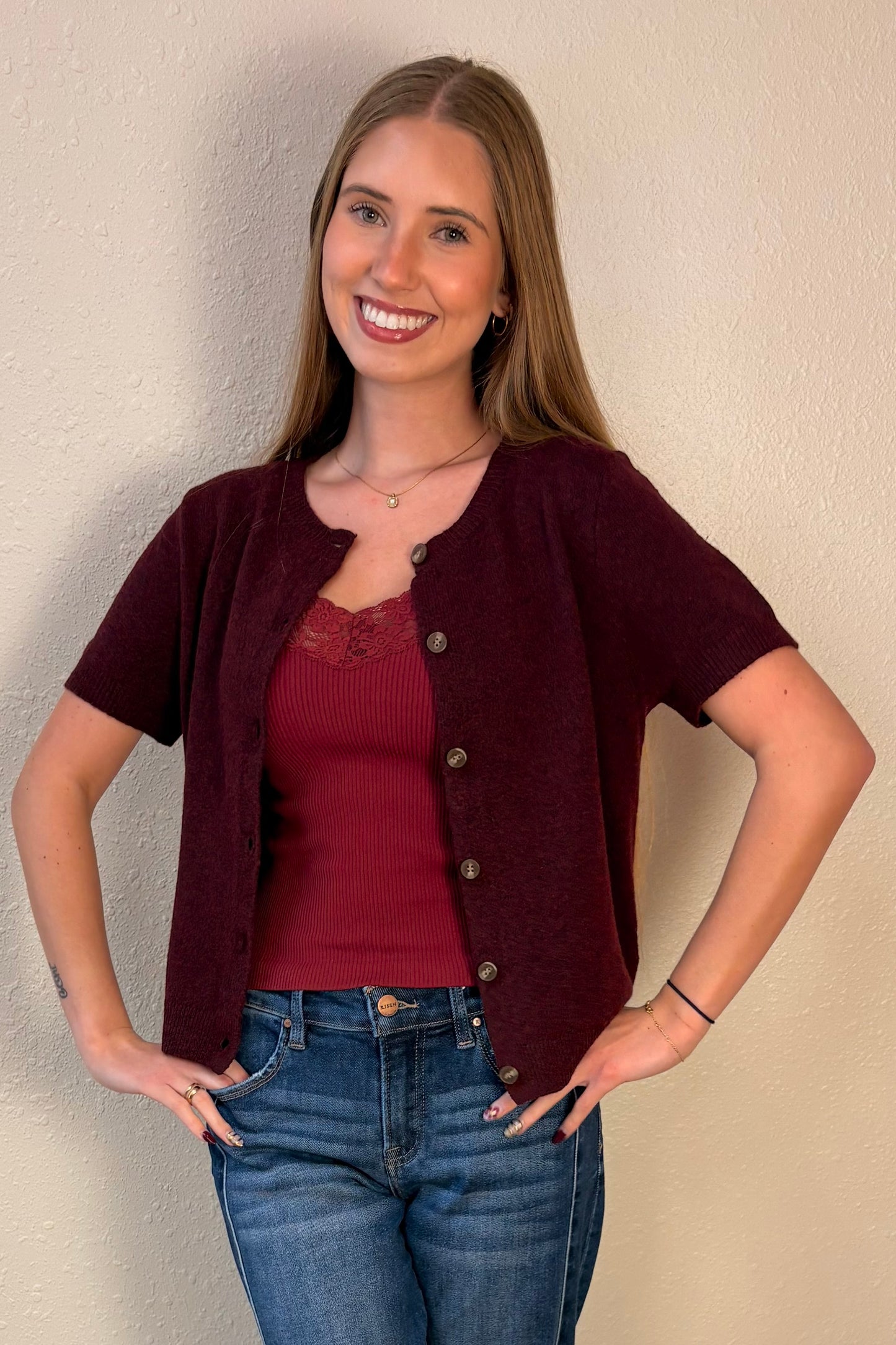 Amber Burgundy Short Sleeve Cardigan Sweater