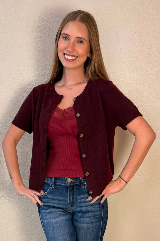 Amber Burgundy Short Sleeve Cardigan Sweater