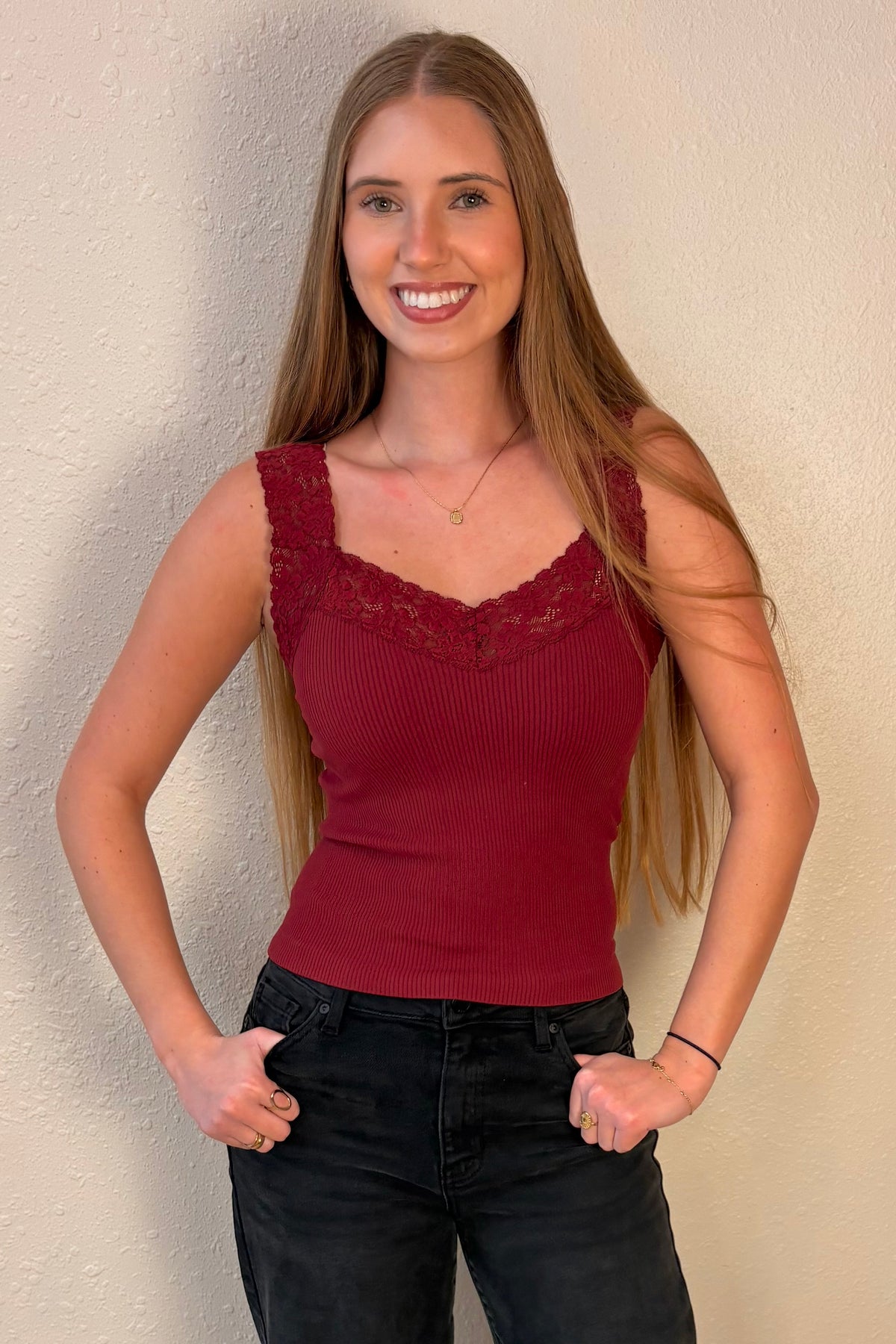 Eliza Burgundy Lace Trim Ribbed Tank Top