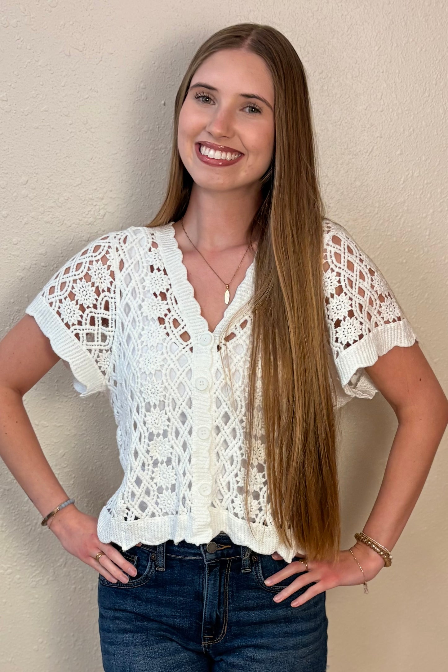 Mia Short Sleeve Crochet Cardigan Sweater