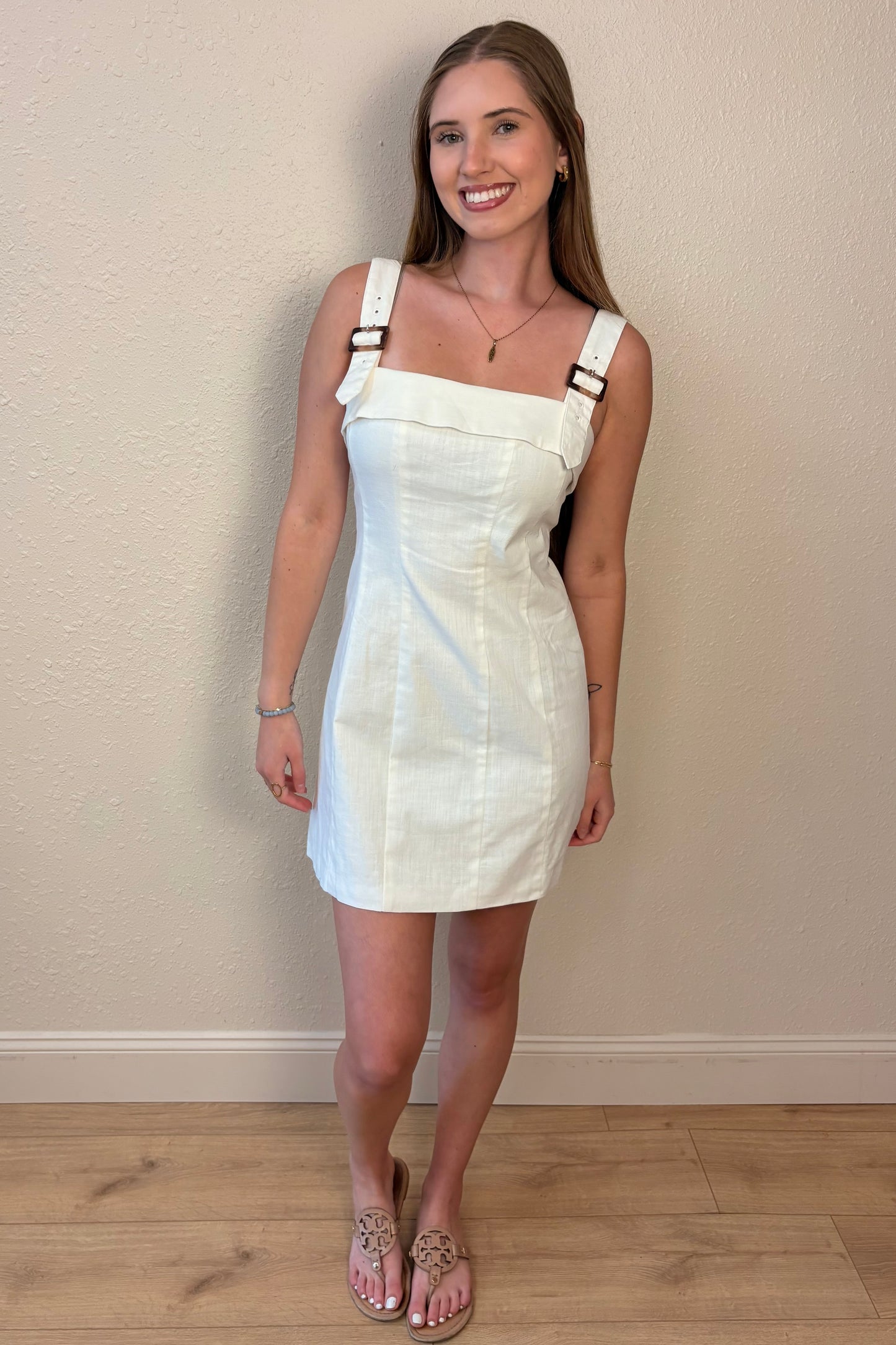 Thea White Buckle Strap Mini Dress
