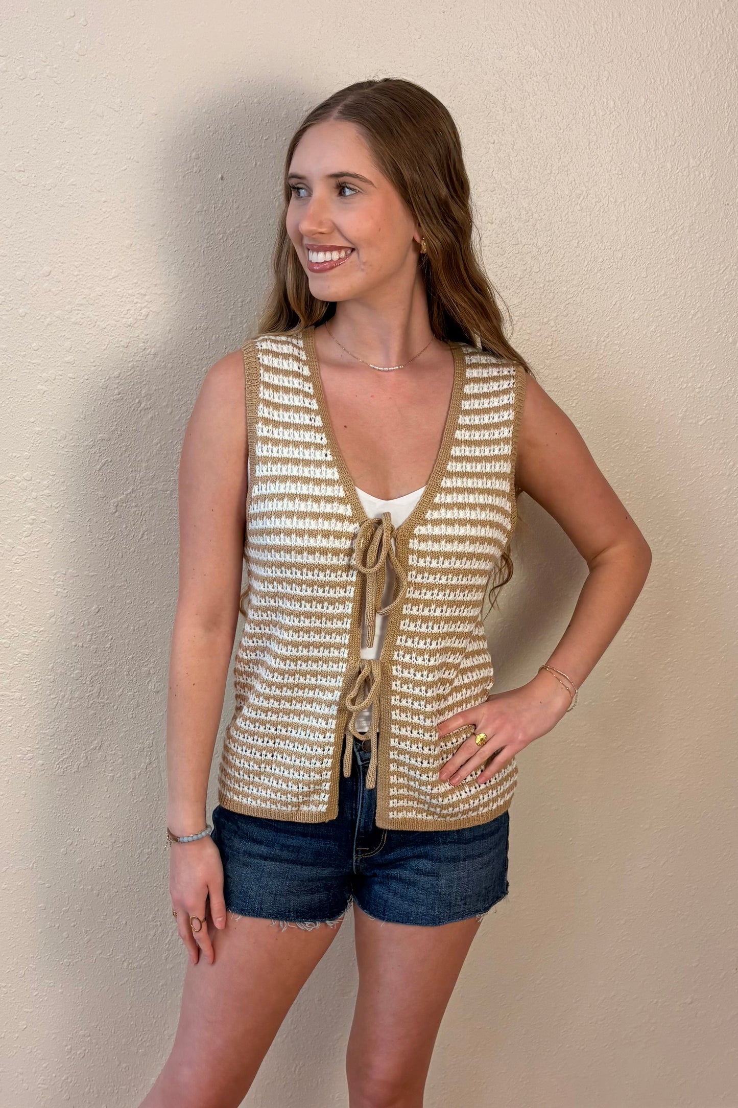 Emmie Neutral Stripe Tie Front Knit Vest