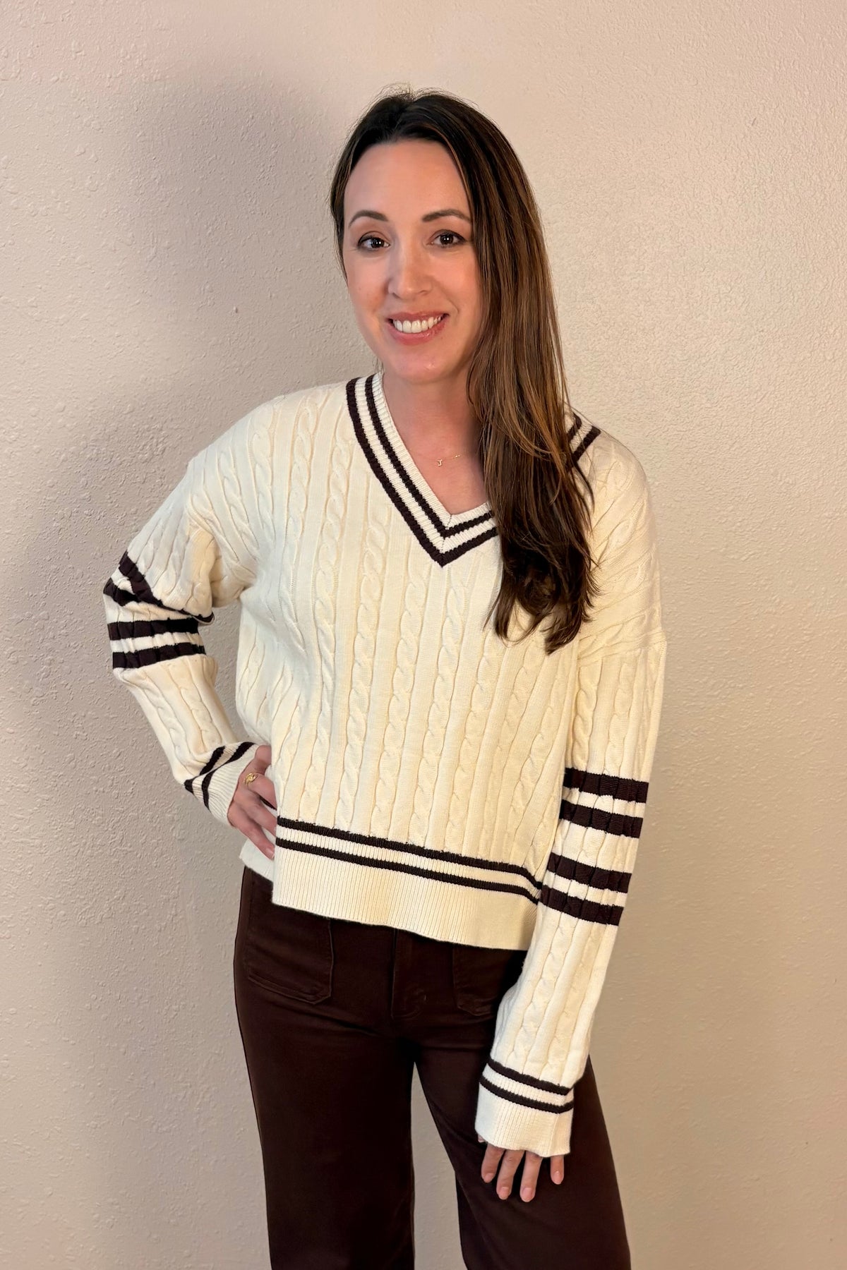 Paige Cable Knit Varsity V-Neck Sweater