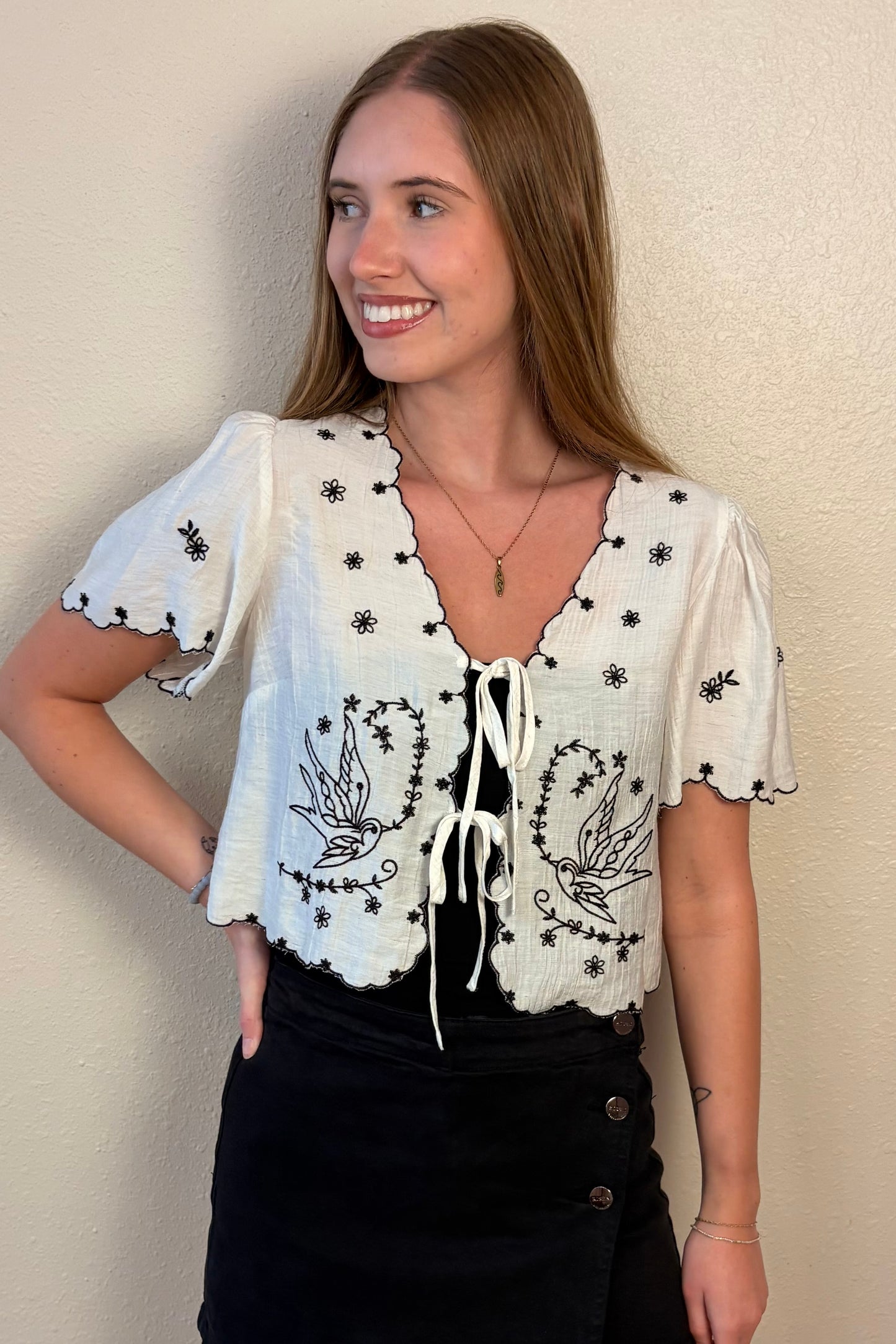 Magnolia Bird Embroidered Tie Front Top