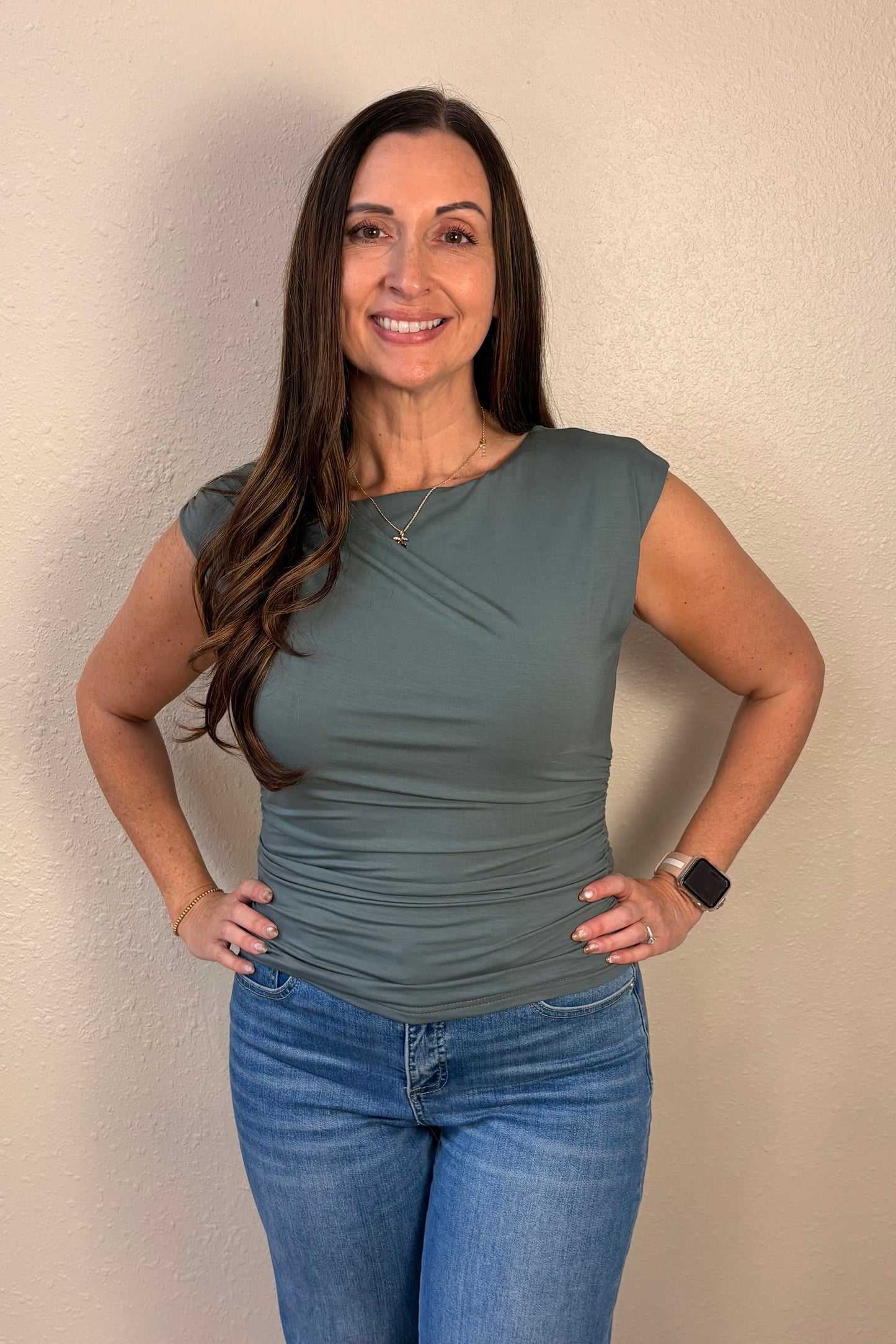 Eloise Hunter Green Shirred Sides Top
